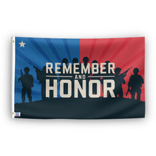 Load image into Gallery viewer, A flag with the saying &quot;Remember And Honor&quot;, with a holiday themed color scheme.
