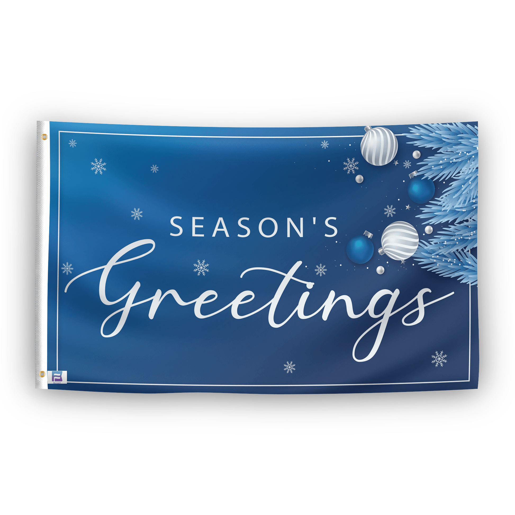 A flag with the saying "Season's Greetings", with a holiday themed color scheme.