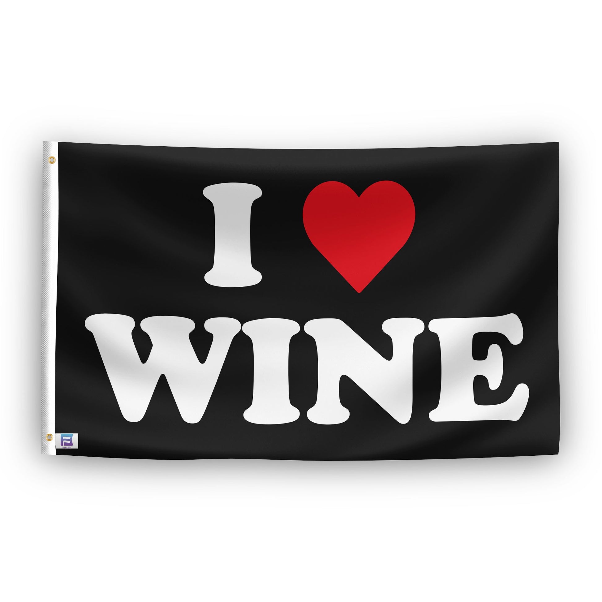 A flag with the saying "I Love Wine", with a black, white and red color scheme.