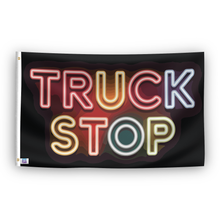 Load image into Gallery viewer, A flag with the saying &quot;Truck Stop&quot;, with a neon style color scheme.
