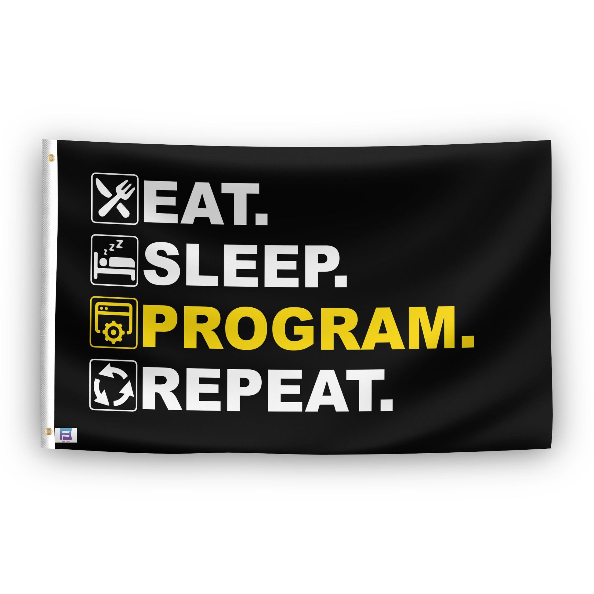 A flag with the saying "Eat Sleep Program Repeat", with a black, white and themed color scheme.