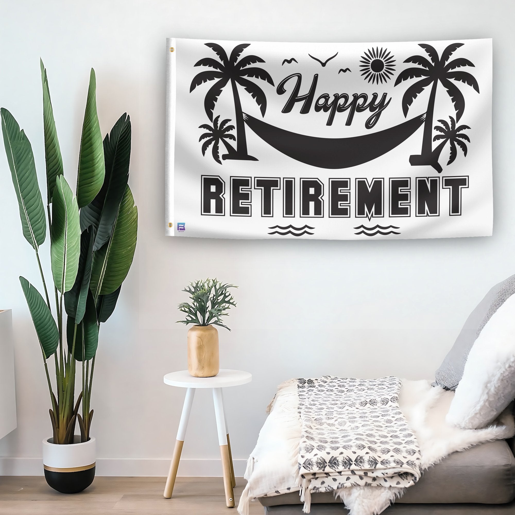 In a home setting, a flag with the saying "Happy Retirement Gift" is mounted on a white wall by a side table.