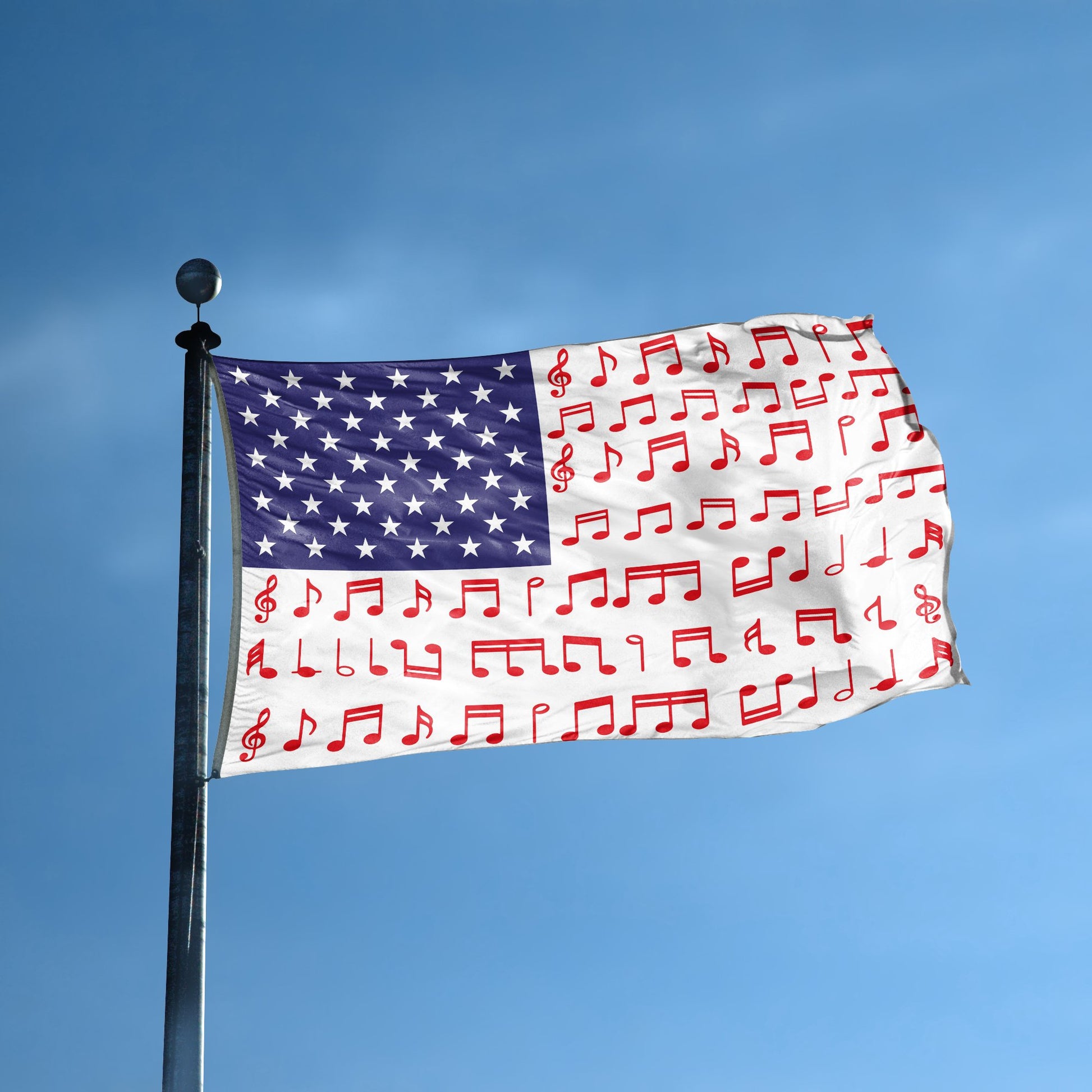 An american flag with the red stripes changed to match the theme "Musical Note Stripes American" displayed on a high pole.