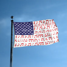 Load image into Gallery viewer, An american flag with the red stripes changed to match the theme &quot;Musical Note Stripes American&quot; displayed on a high pole.
