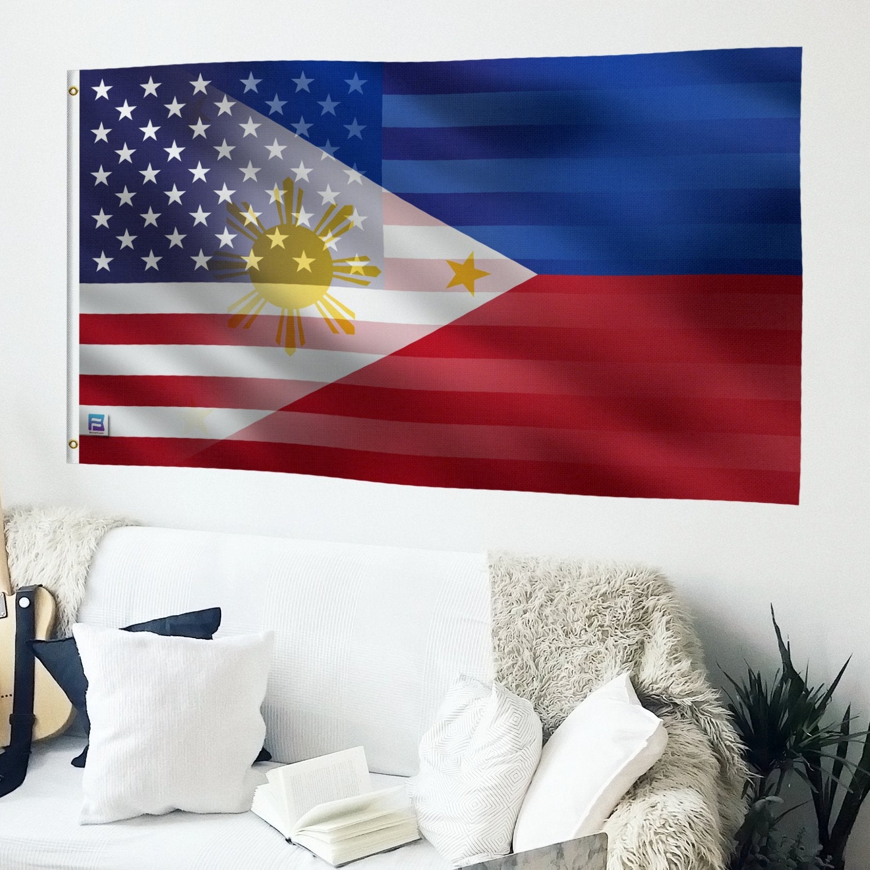 A hybrid flag on a living room wall featuring elements of the American and Filipino flags, with a predominantly red and blue color scheme and a sun motif.