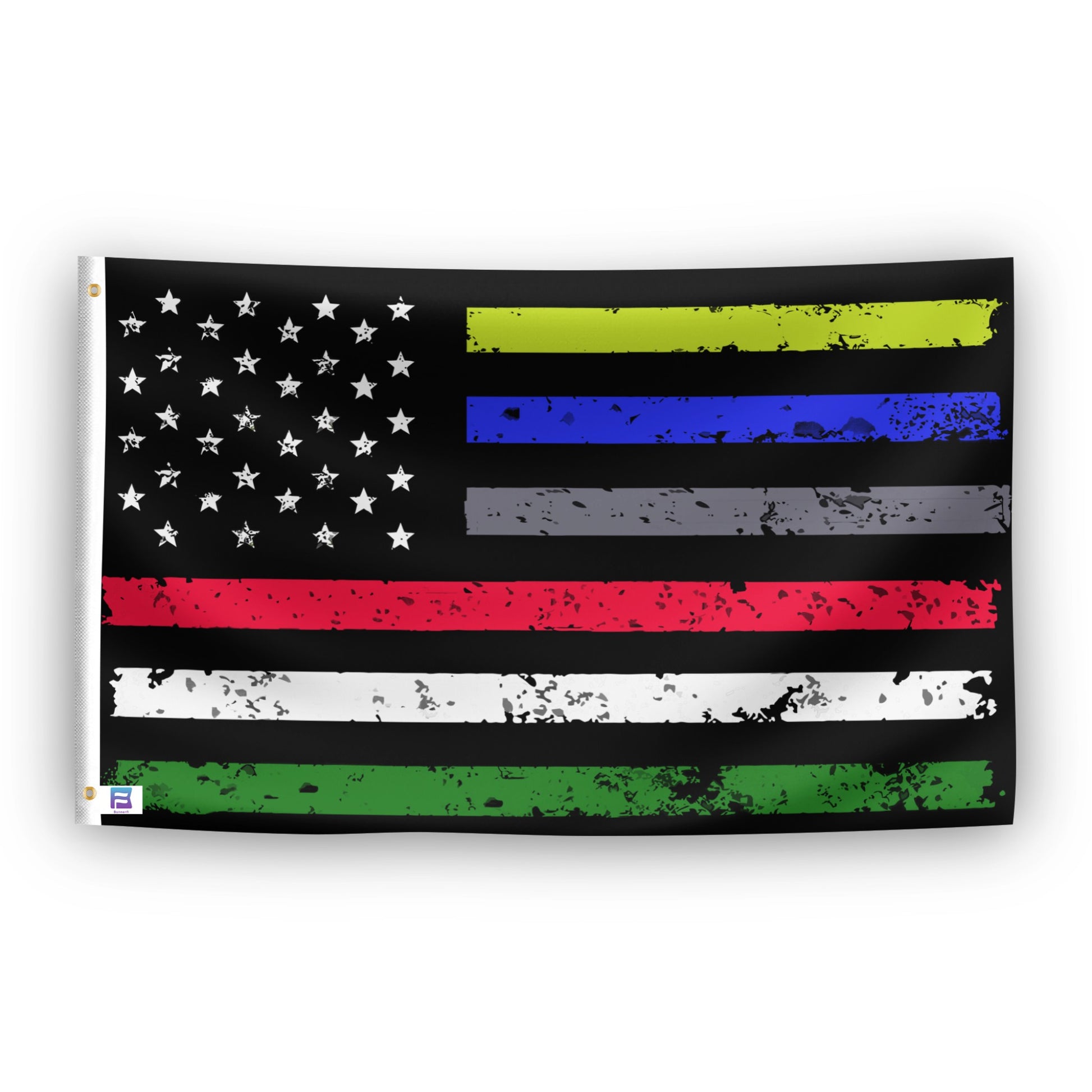 American flag with thin lines representing first responders. 