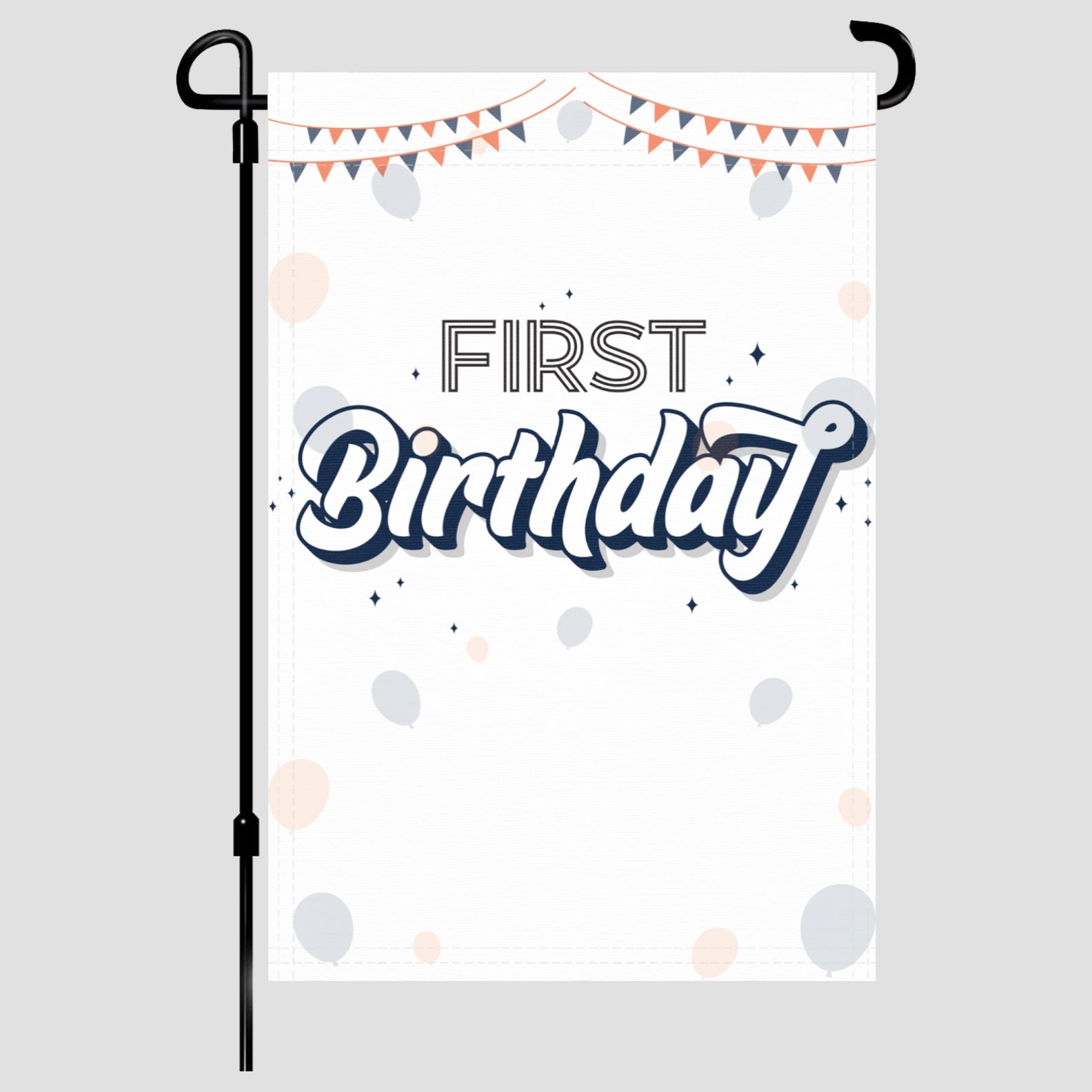 First Birthday garden flag made of weatherproof polyester mounted on a garden flagpole | Bannerfi