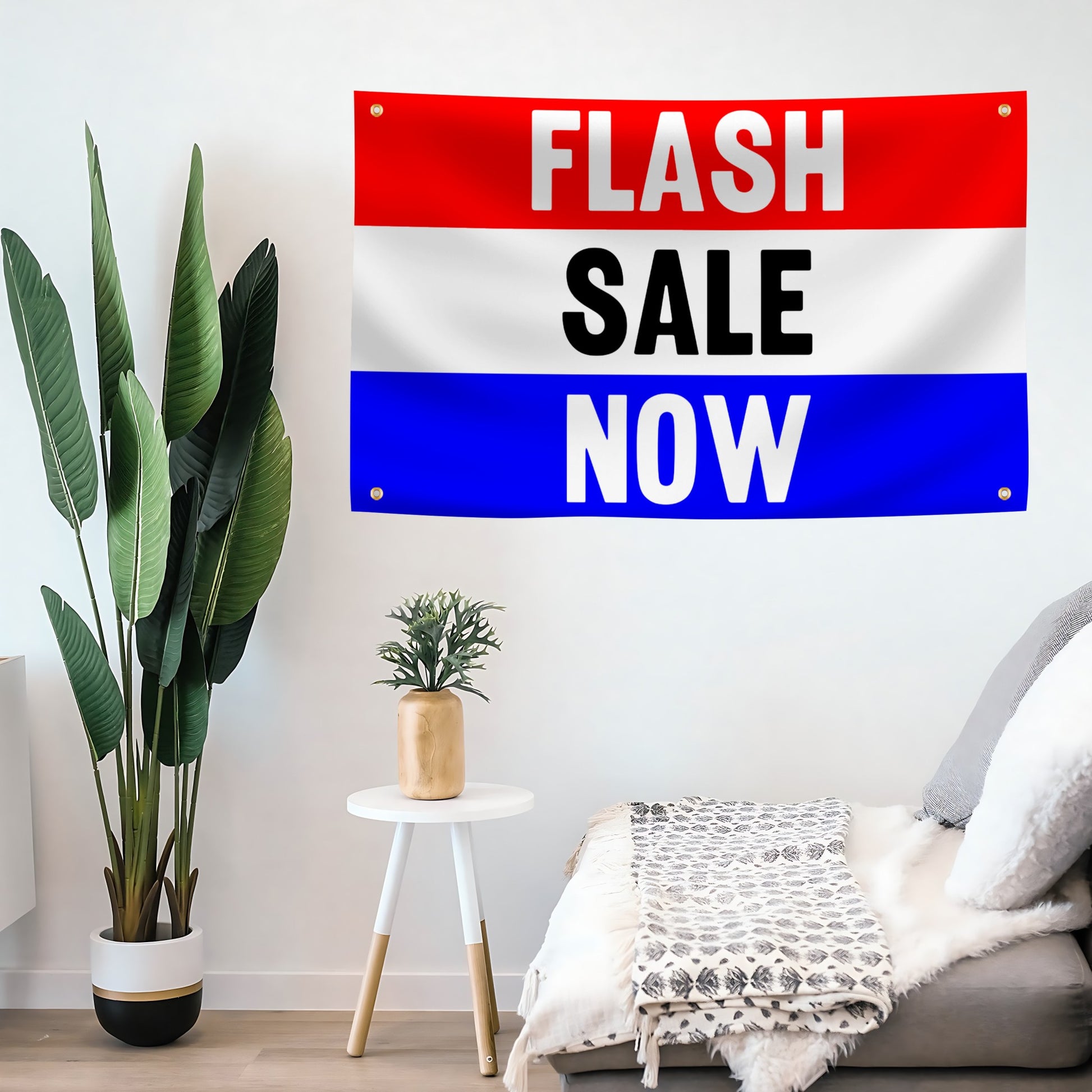 Flash sale flag banner displayed on a wall.
