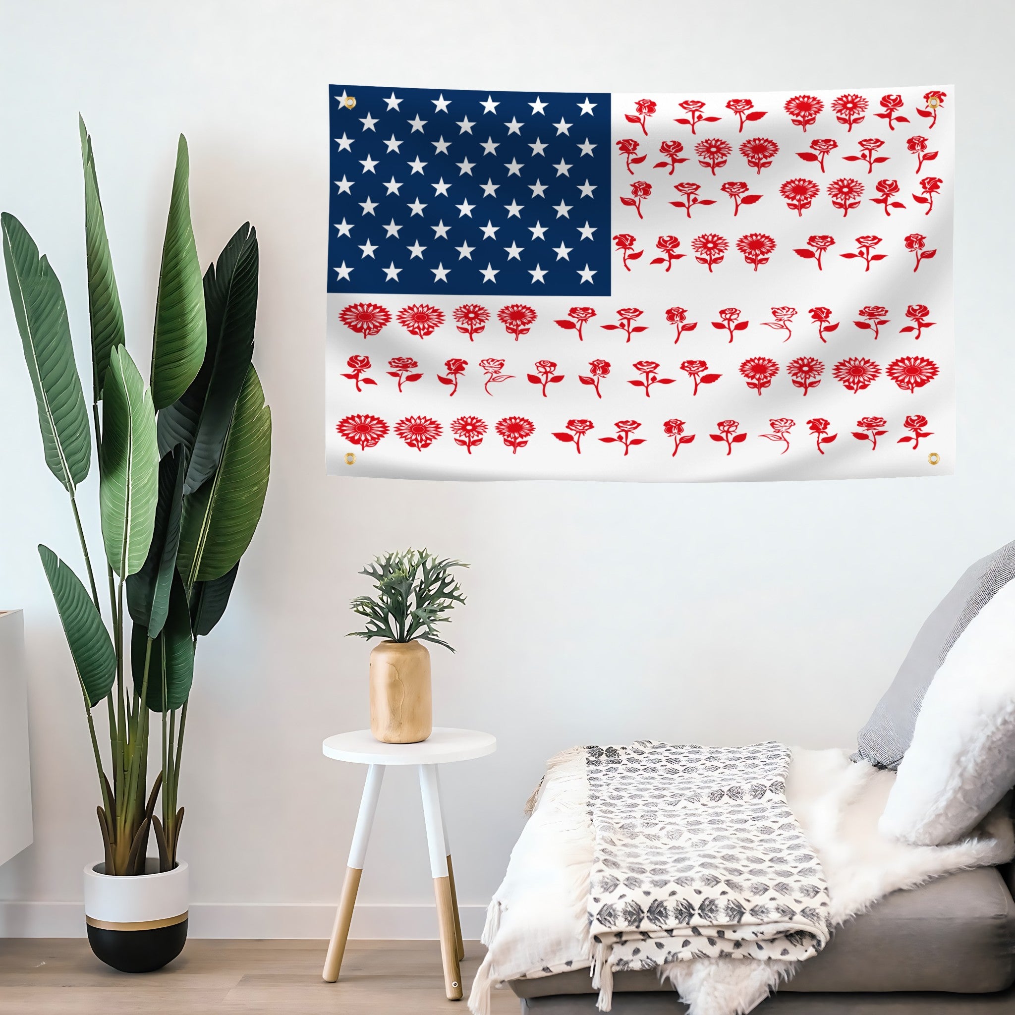 Living room with a wall featuring a unique American flag design with red floral patterns.