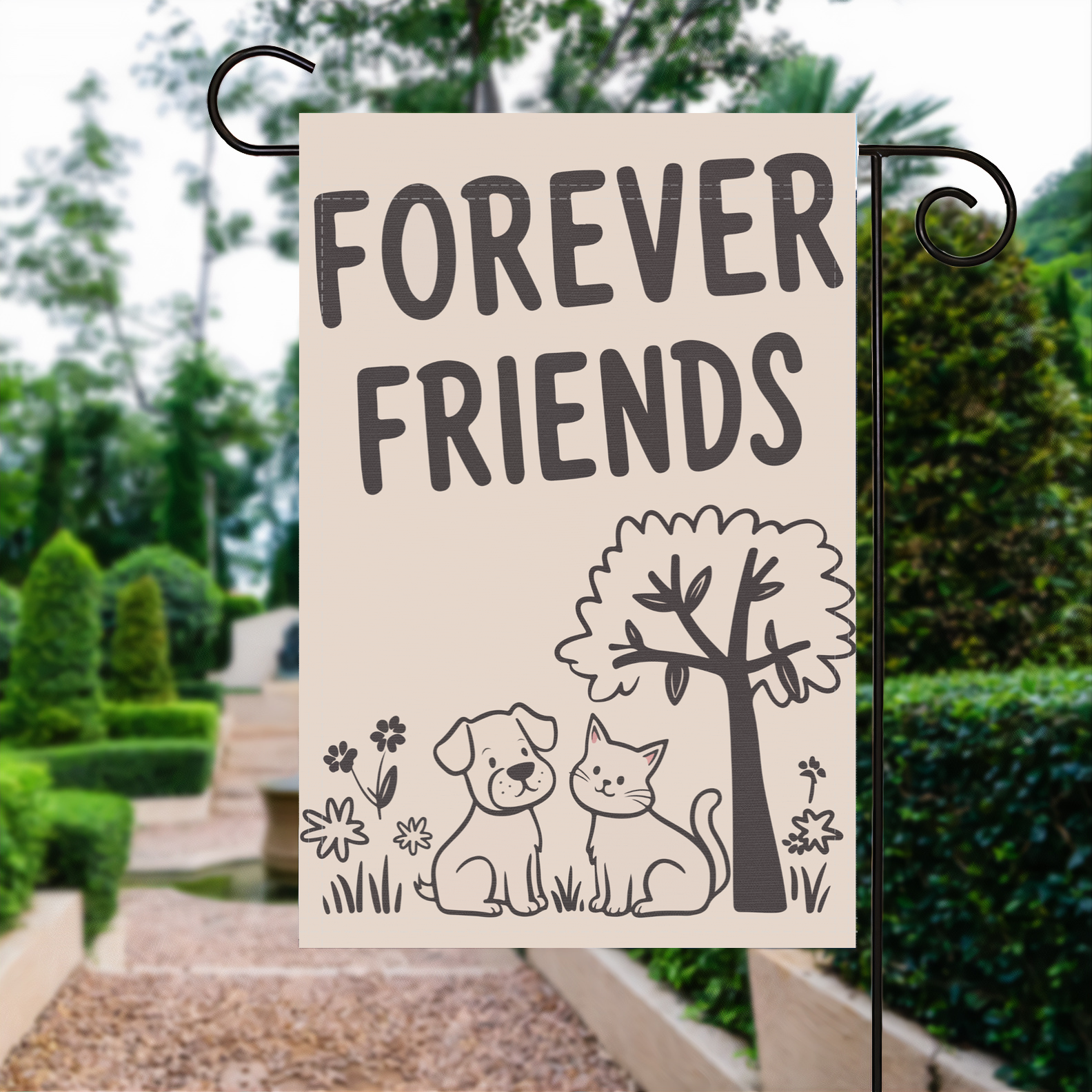 Forever Friends garden flag made of weatherproof polyester displayed in a garden | Bannerfi