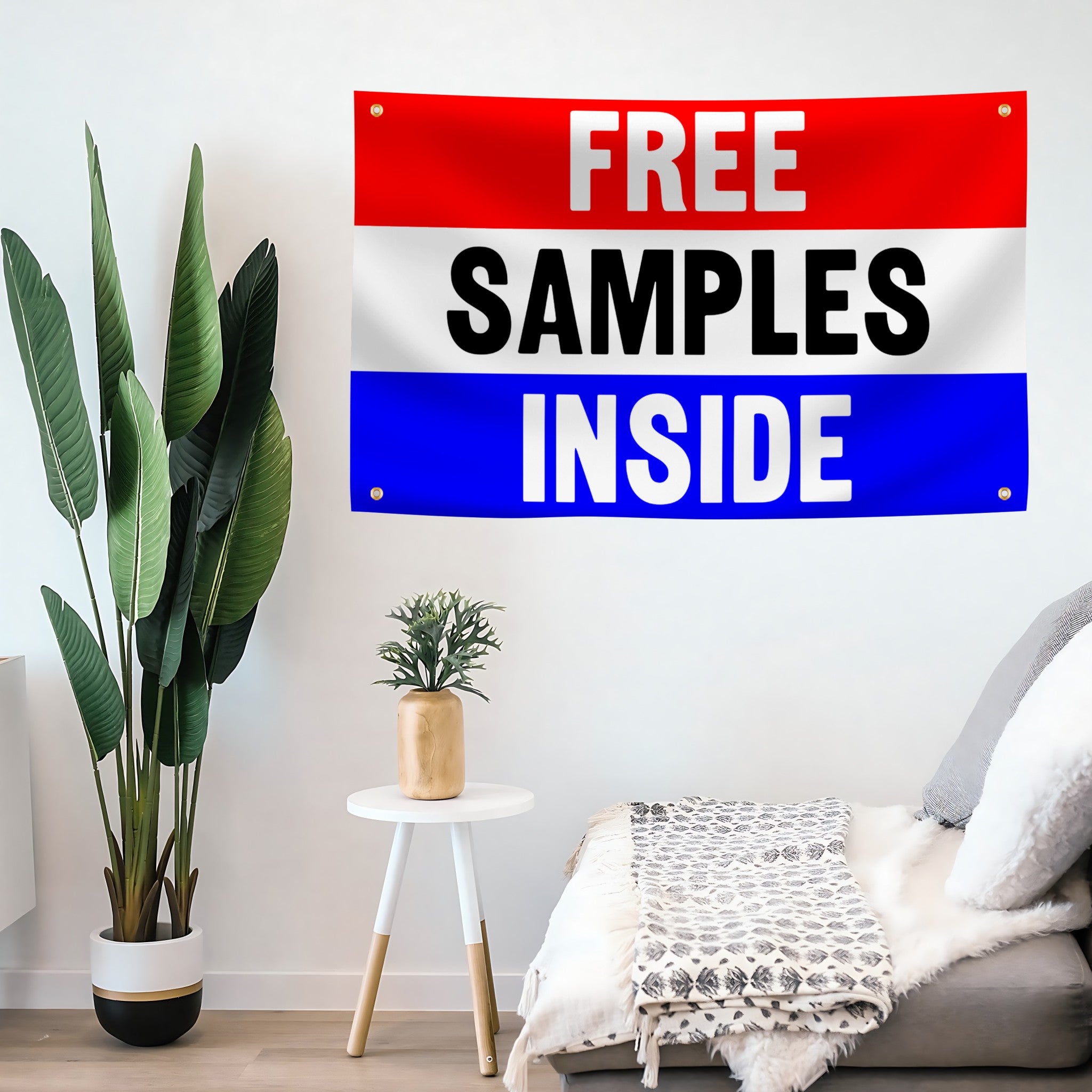 Flag banner with 'Free Samples Inside' on the wall