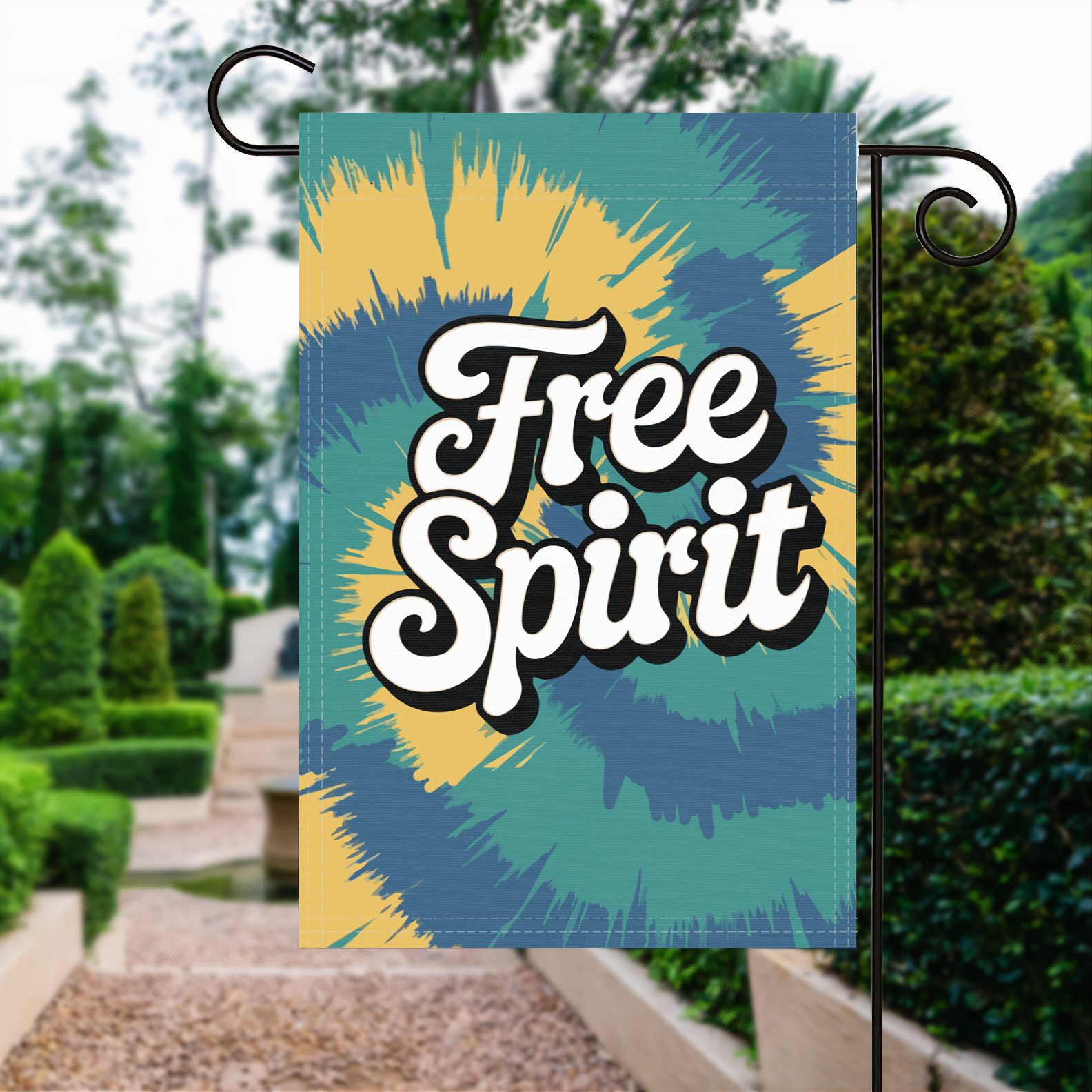 Free Spirit garden flag made of weatherproof polyester displayed in a garden | Bannerfi