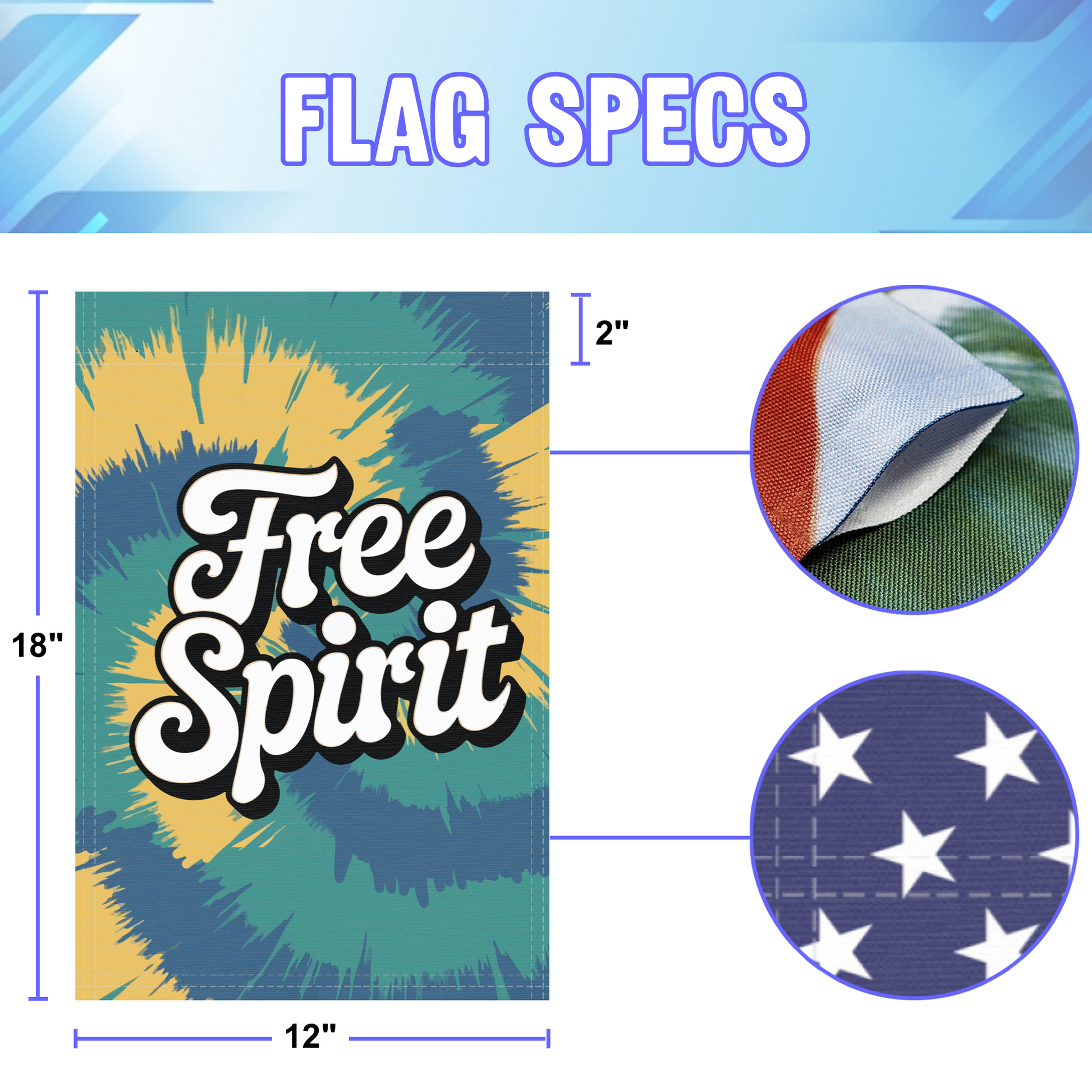 Free Spirit garden flag size specifications, showing 12 inch width by 18 inch height and a 2 inch pole sleeve for a standard garden flagpole.