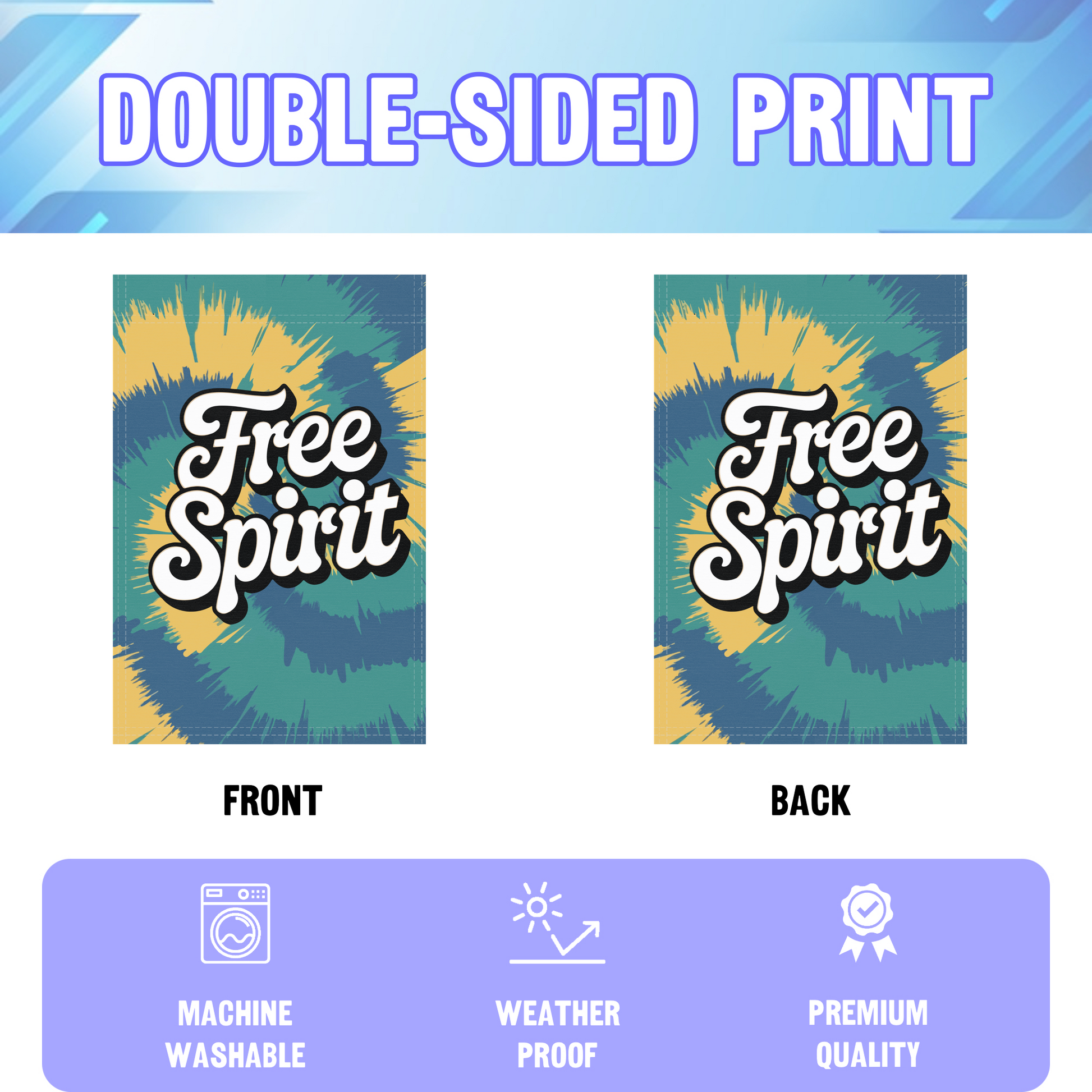 Free Spirit garden flag displayed in an infographic, showing the double sided print and high quality characteristics | Bannerfi