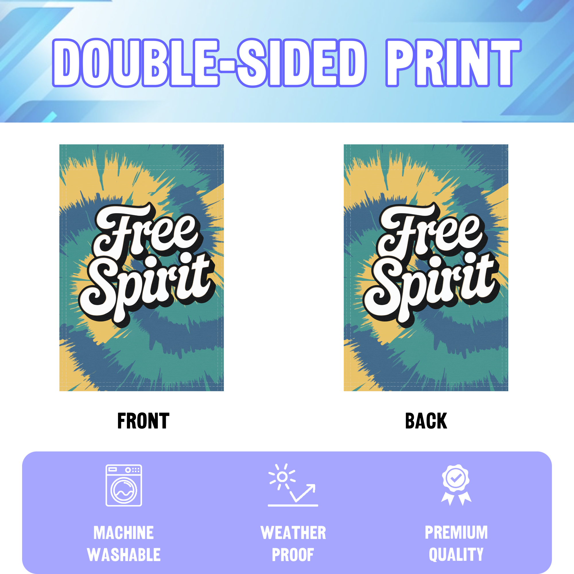 Free Spirit garden flag displayed in an infographic, showing the double sided print and high quality characteristics | Bannerfi
