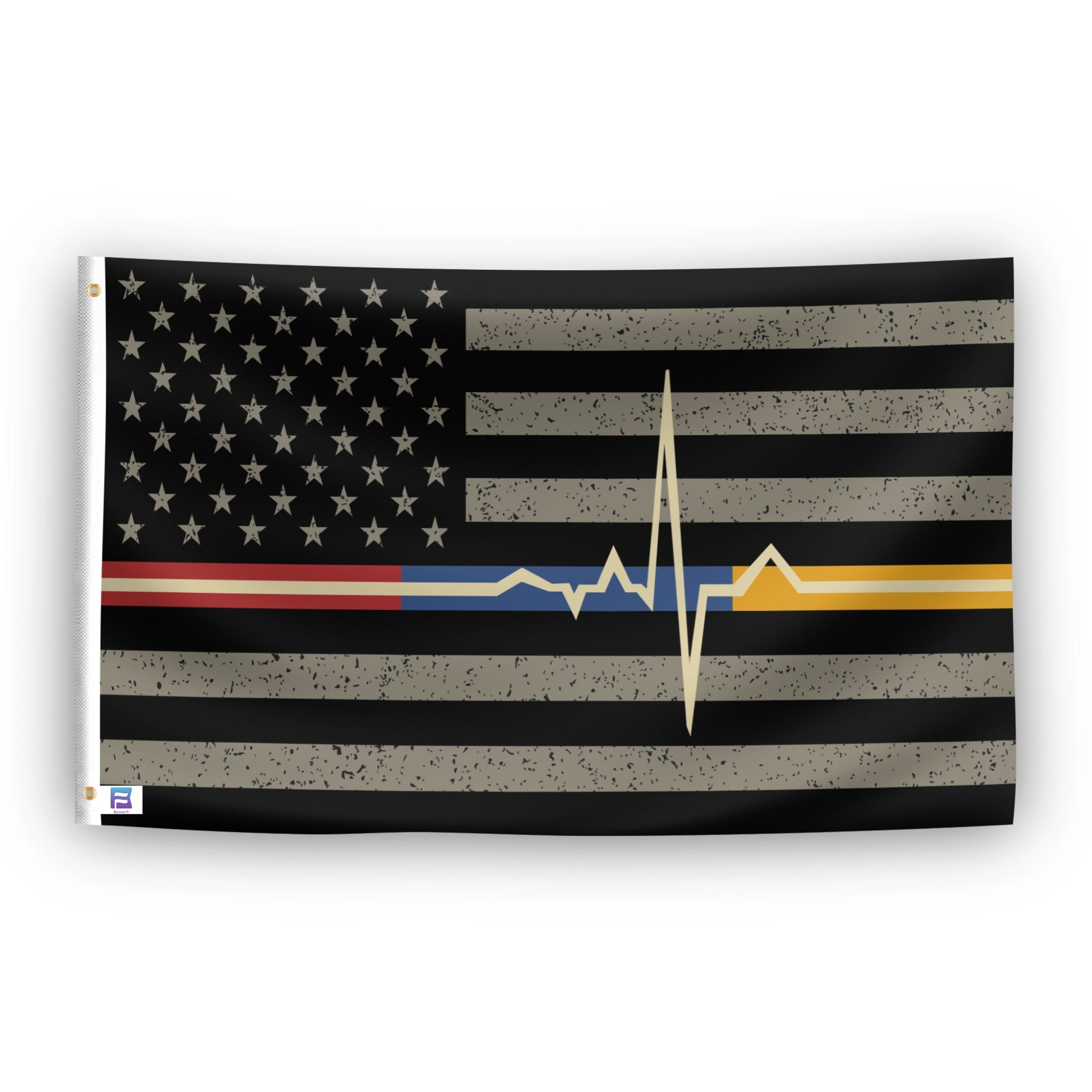 EMS American Flag, featuring a distressed black and gray American flag design with a thin red line, blue line, gold line, and a white EKG heartbeat line crossing all three.