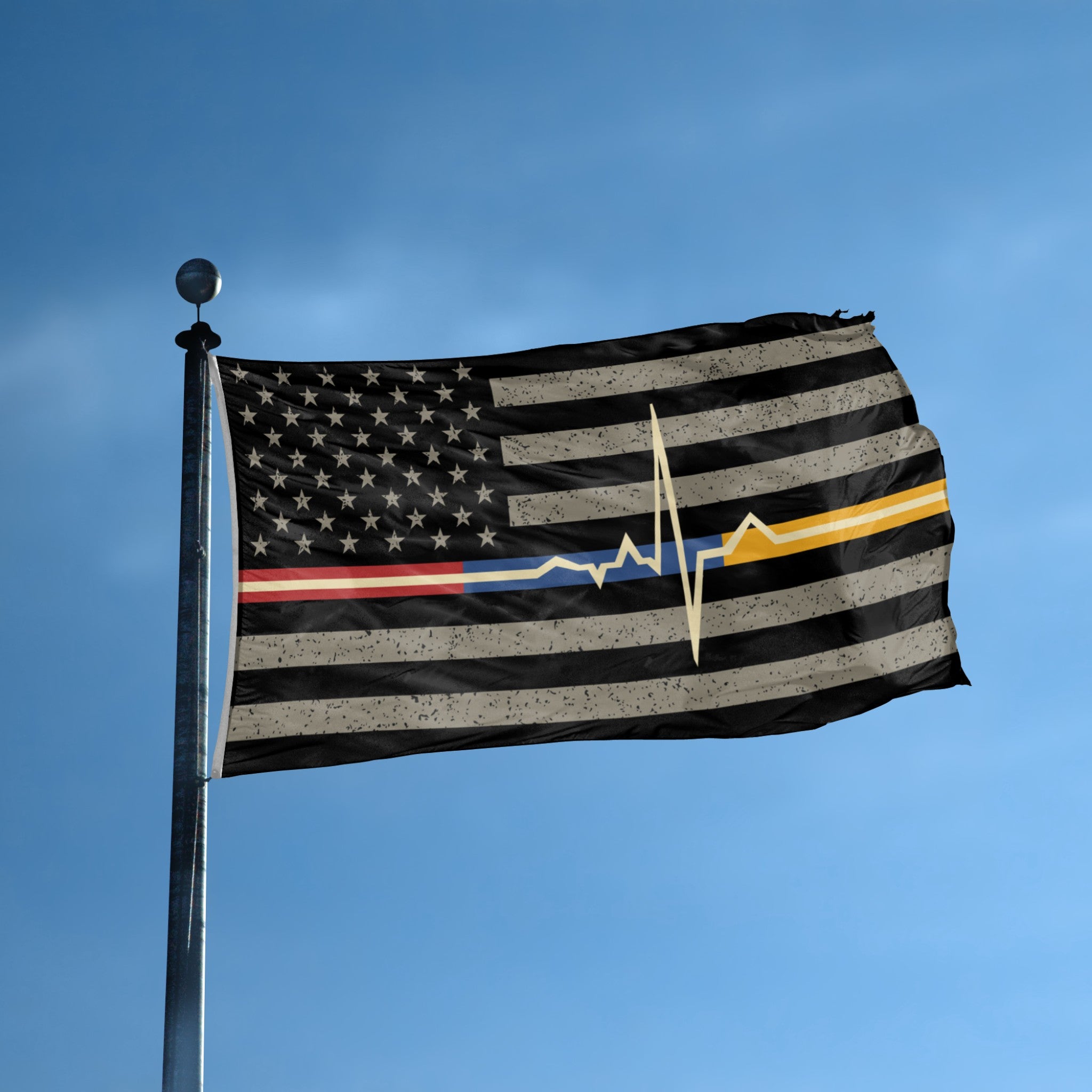 American flag with a thin EMS EKG line design on a flagpole and blue sky background.