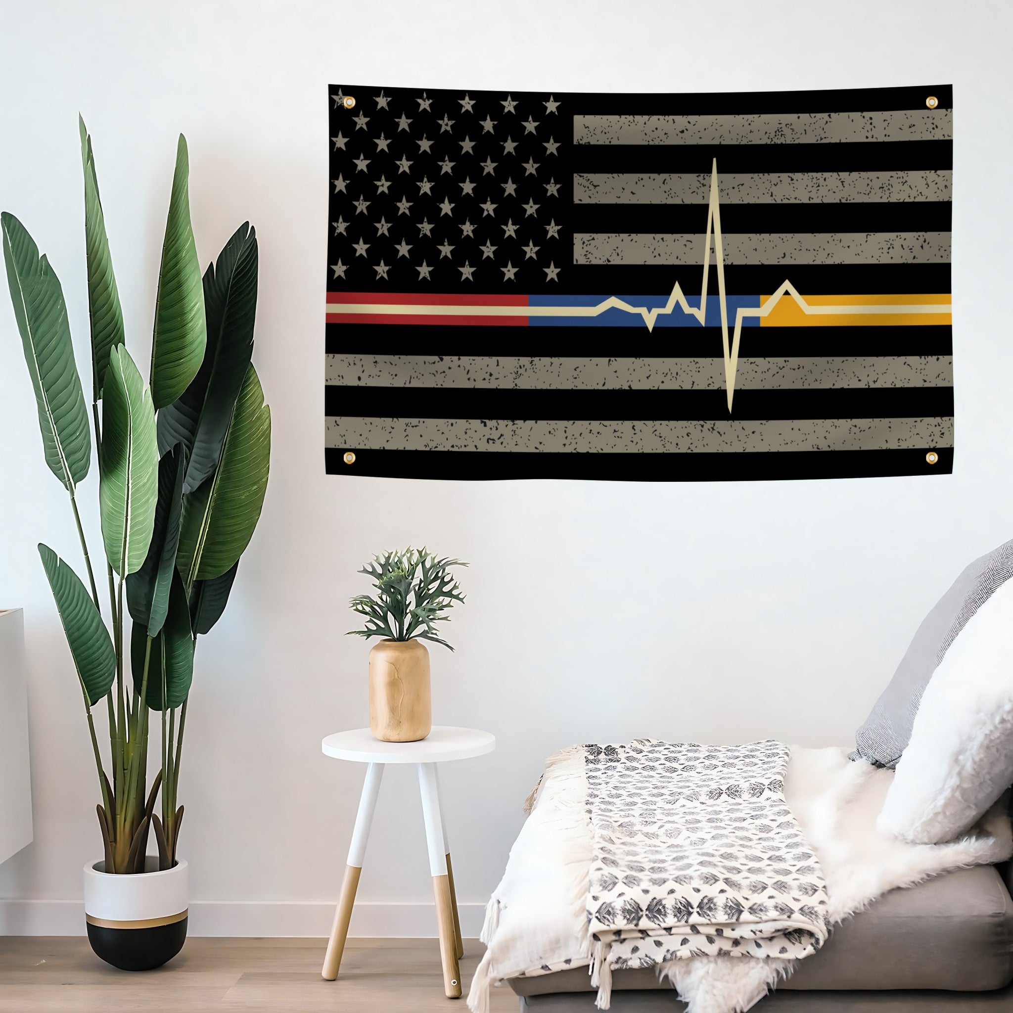 American flag banner with a heart rate EKG design on a wall in a living room.