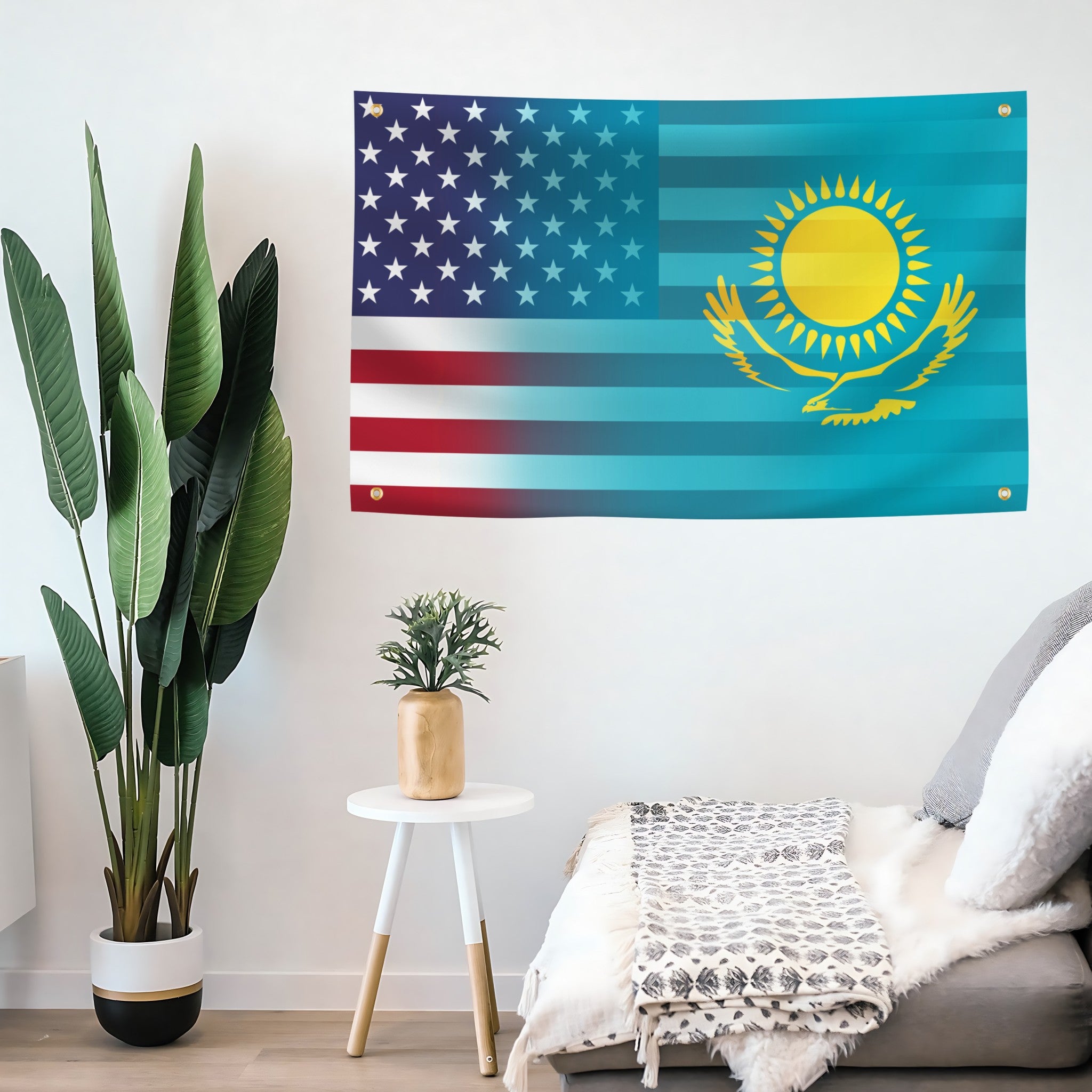 Kazakh American Hybrid Flag Banner on a living room wall - Flags by Bannerfi