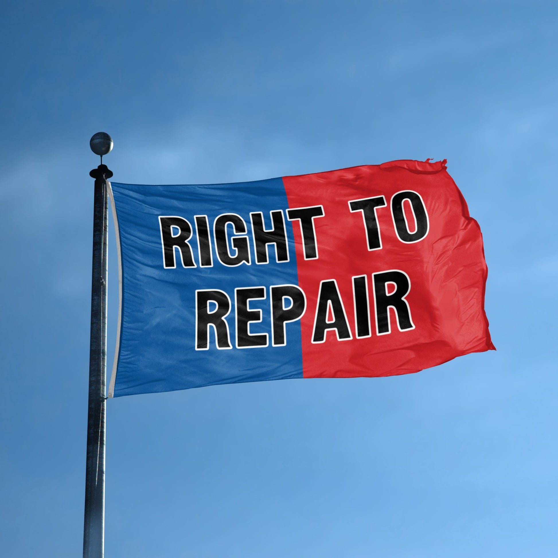 Flag with 'RIGHT TO REPAIR' text on a flagpole against a blue sky.