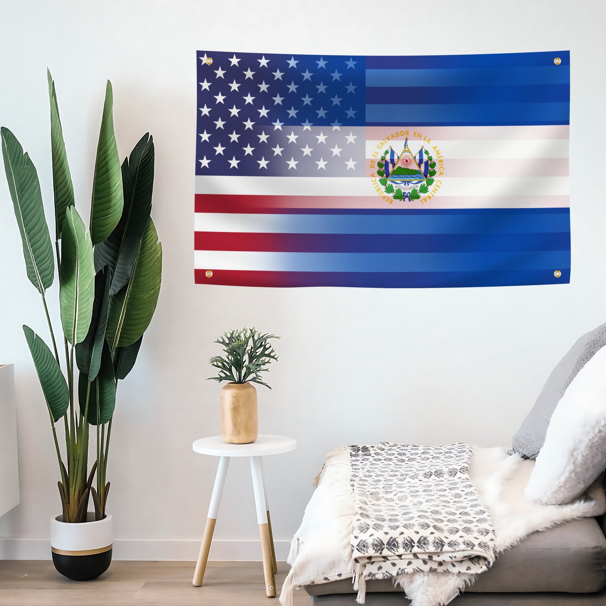 Salvadoran American Hybrid Flag banner on a living room wall - Flags by Bannerfi