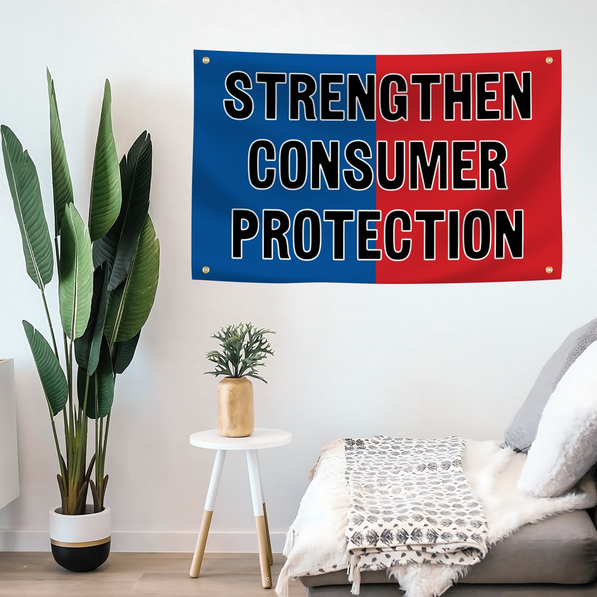 Banner with 'Strengthen Consumer Protection' text in a living room setting.