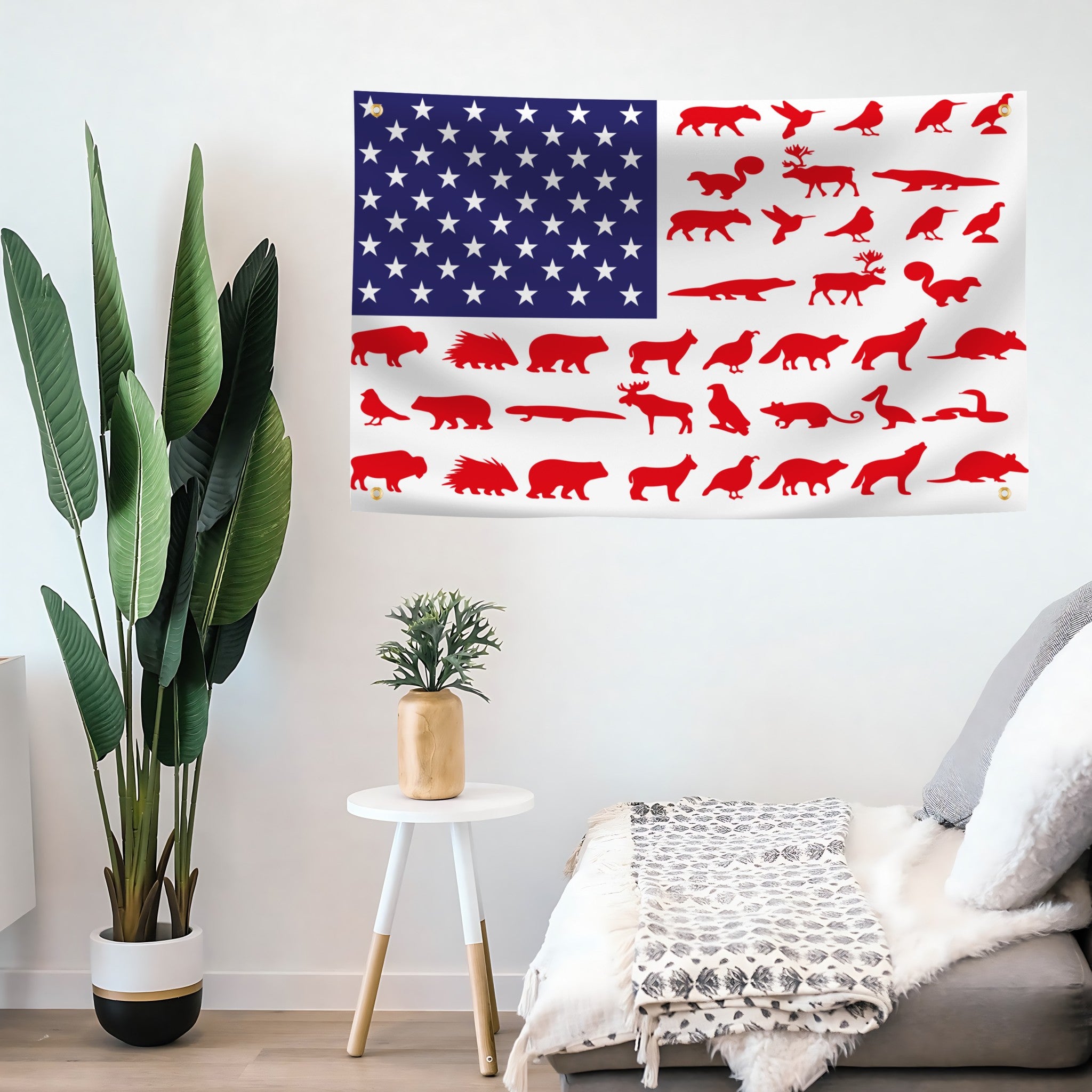 Room interior with a unique American flag wildlife design on the wall, plants, and furniture.