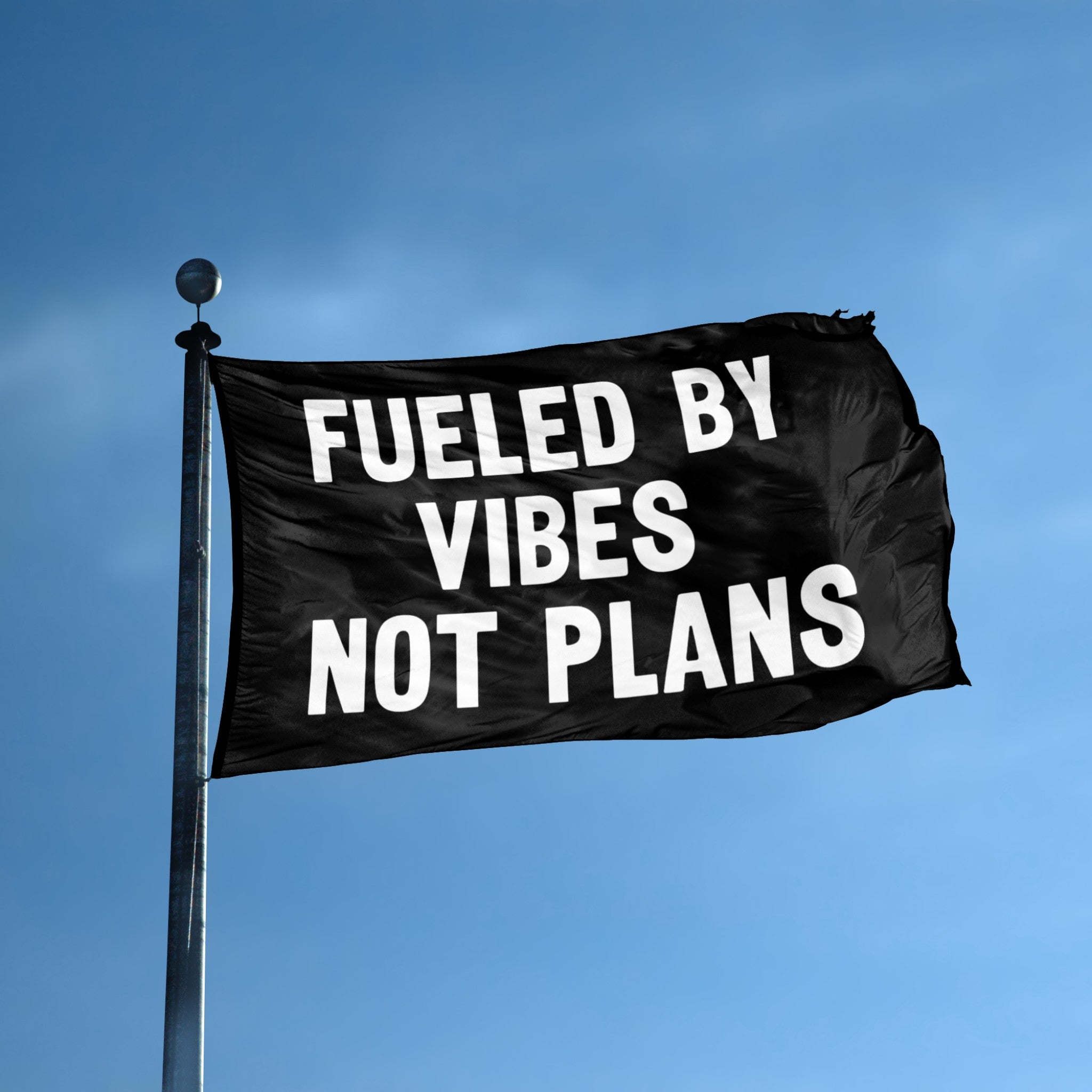 Fueled By Vibes Not Plans flag displayed outdoors – weatherproof house banner on pole | Bannerfi