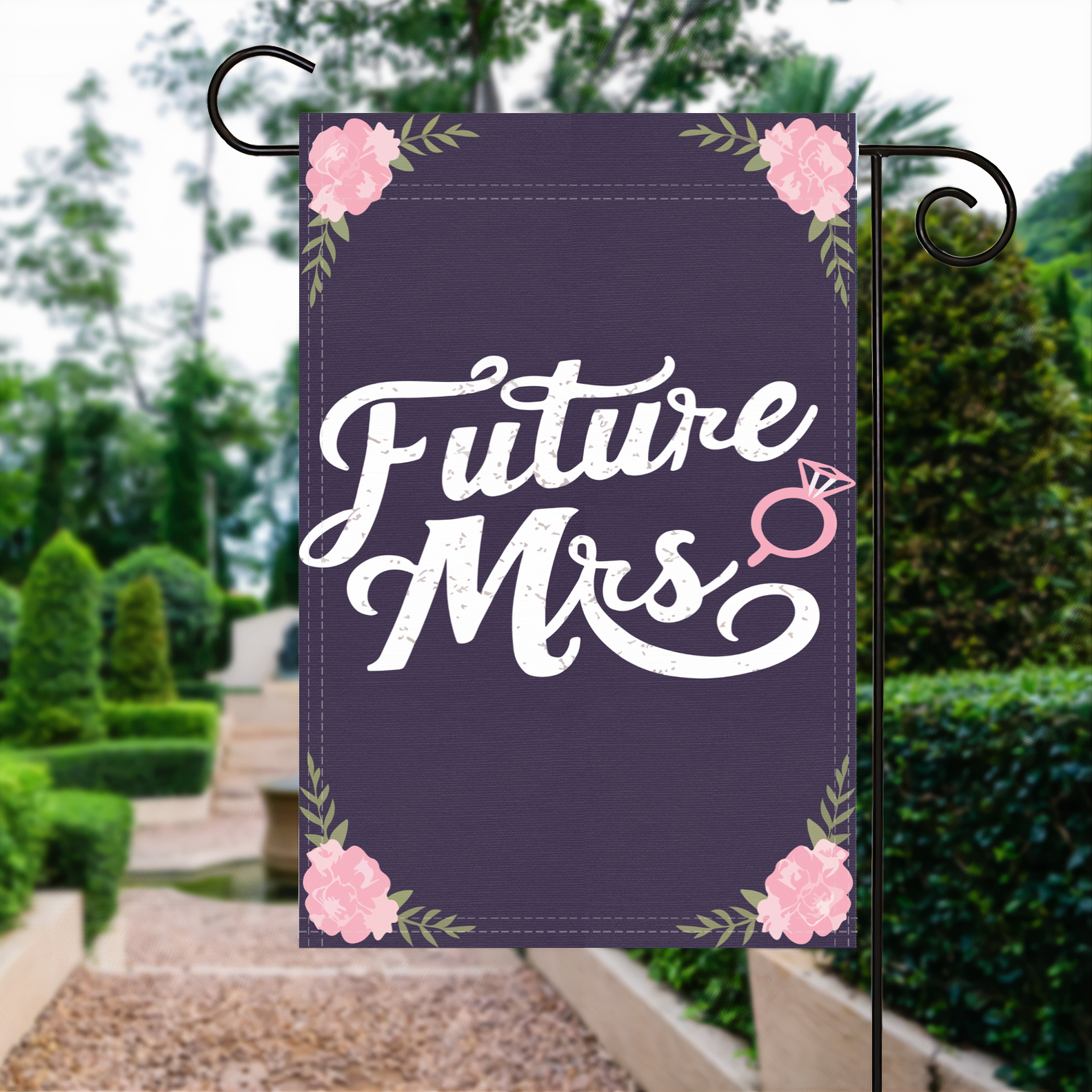 Future Mrs. garden flag made of weatherproof polyester displayed in a garden | Bannerfi