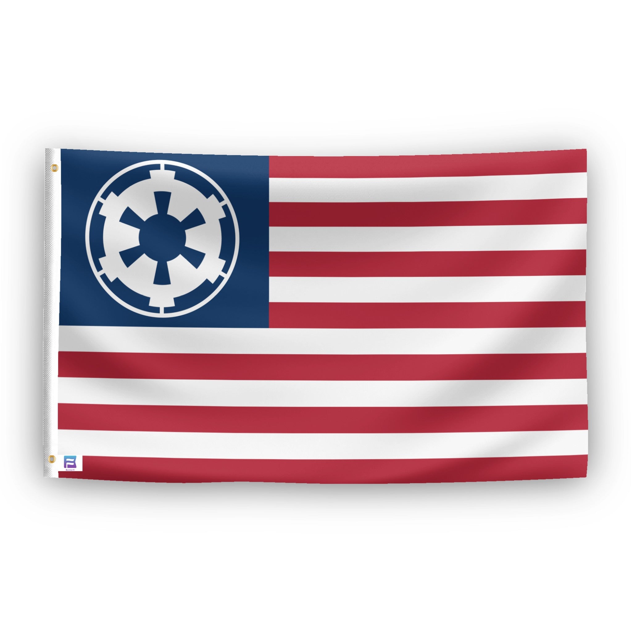 A flag with the theme "Star Wars Galactic Empire American", displayed with two brass grommets reinforced with a white canvas header.
