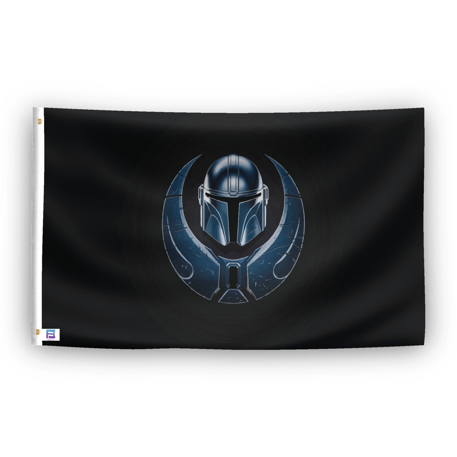 A flag with the theme "Star Wars Mandalorian Helmet", displayed with two brass grommets reinforced with a white canvas header.