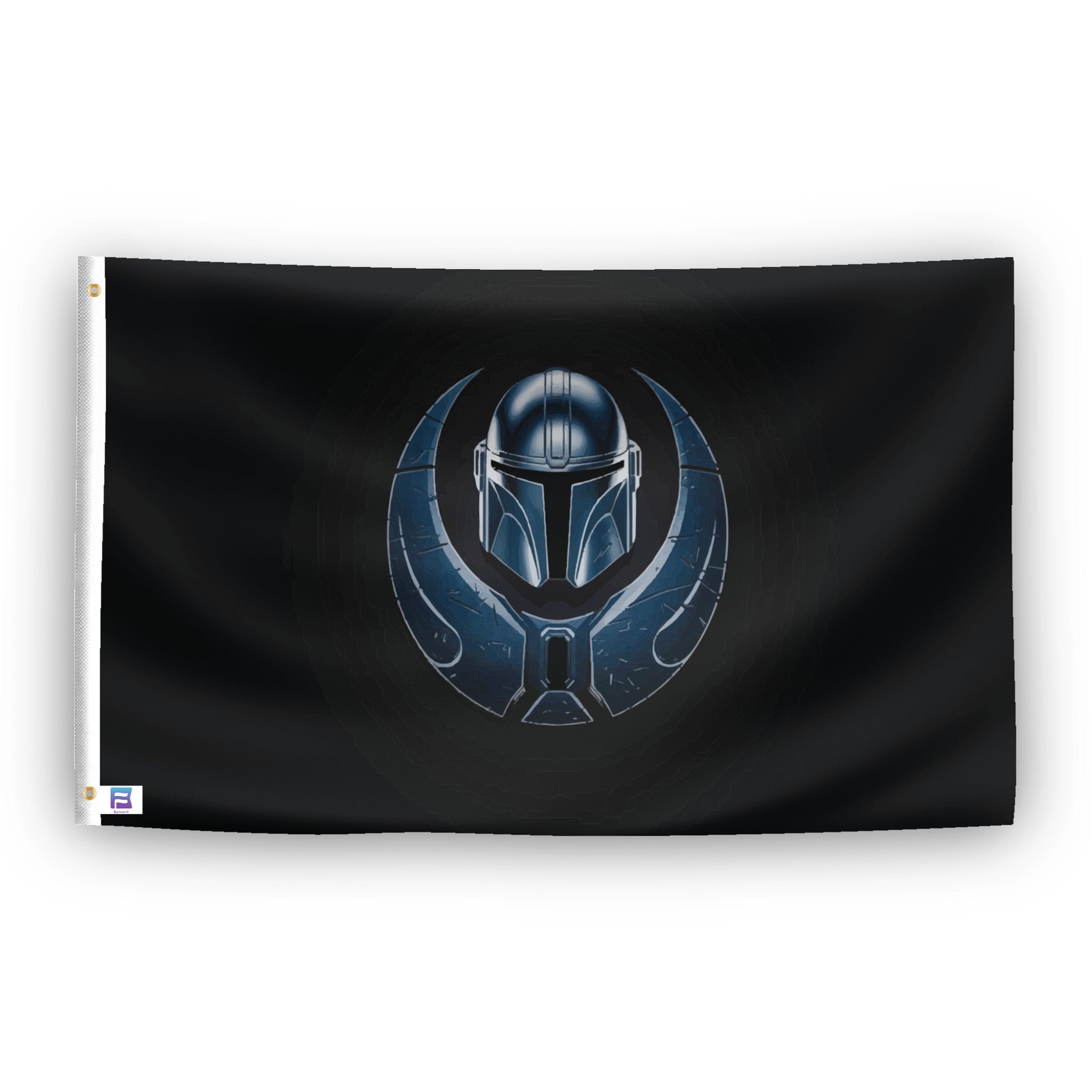 A flag with the theme "Star Wars Mandalorian Helmet", displayed with two brass grommets reinforced with a white canvas header.