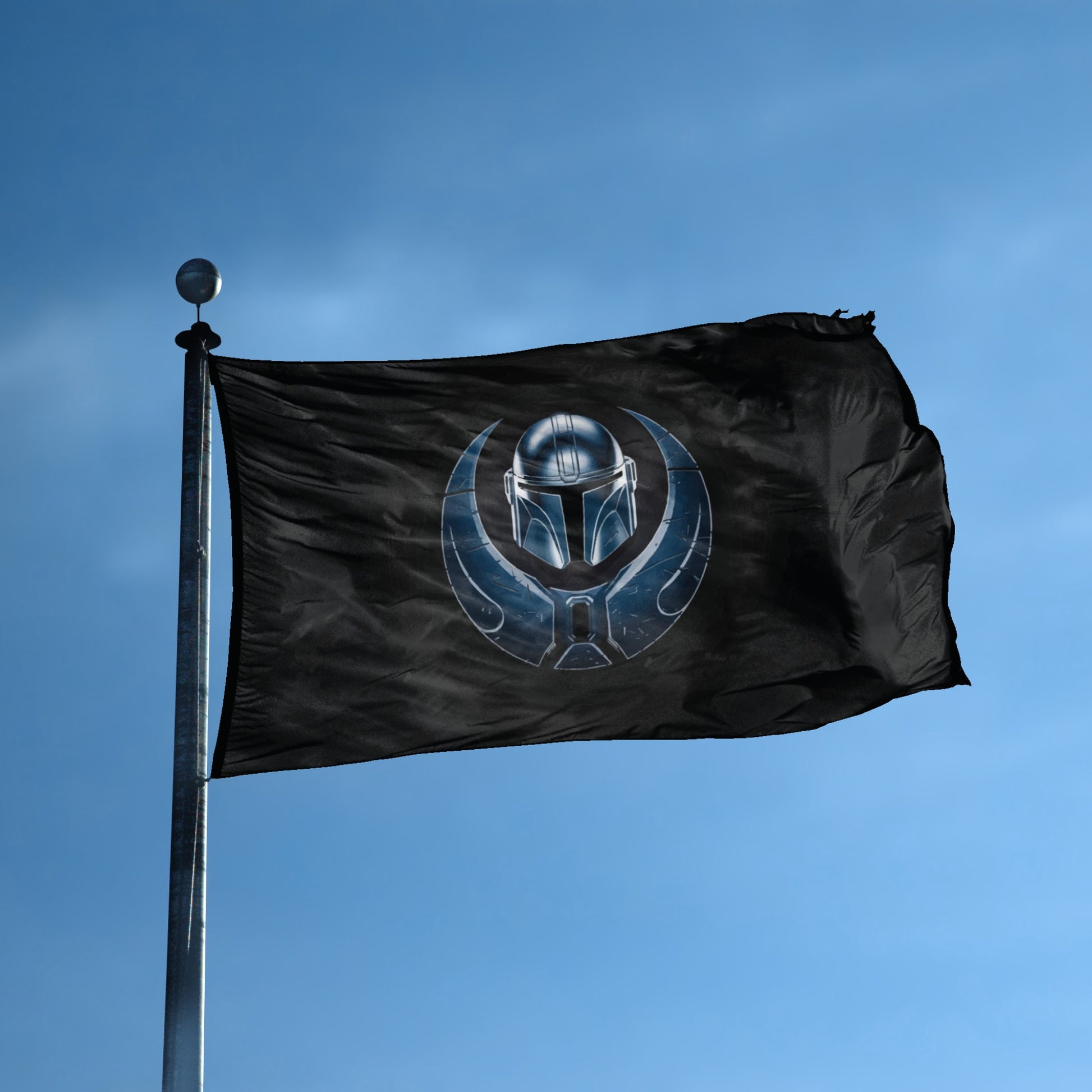A flag with the theme "Star Wars Mandalorian Helmet" displayed on a tall flag pole and blue skies.