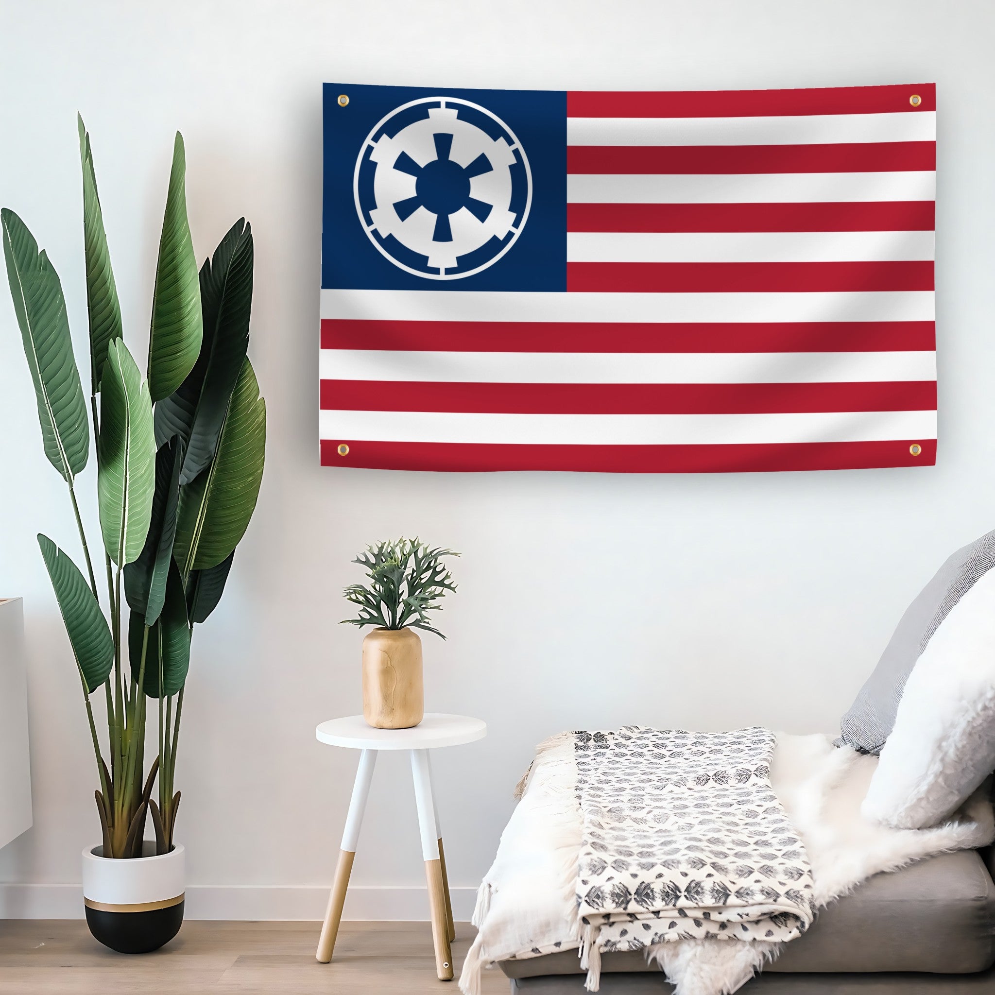 American flag with a central star wars galactic empire emblem in a room with plants and a small table.