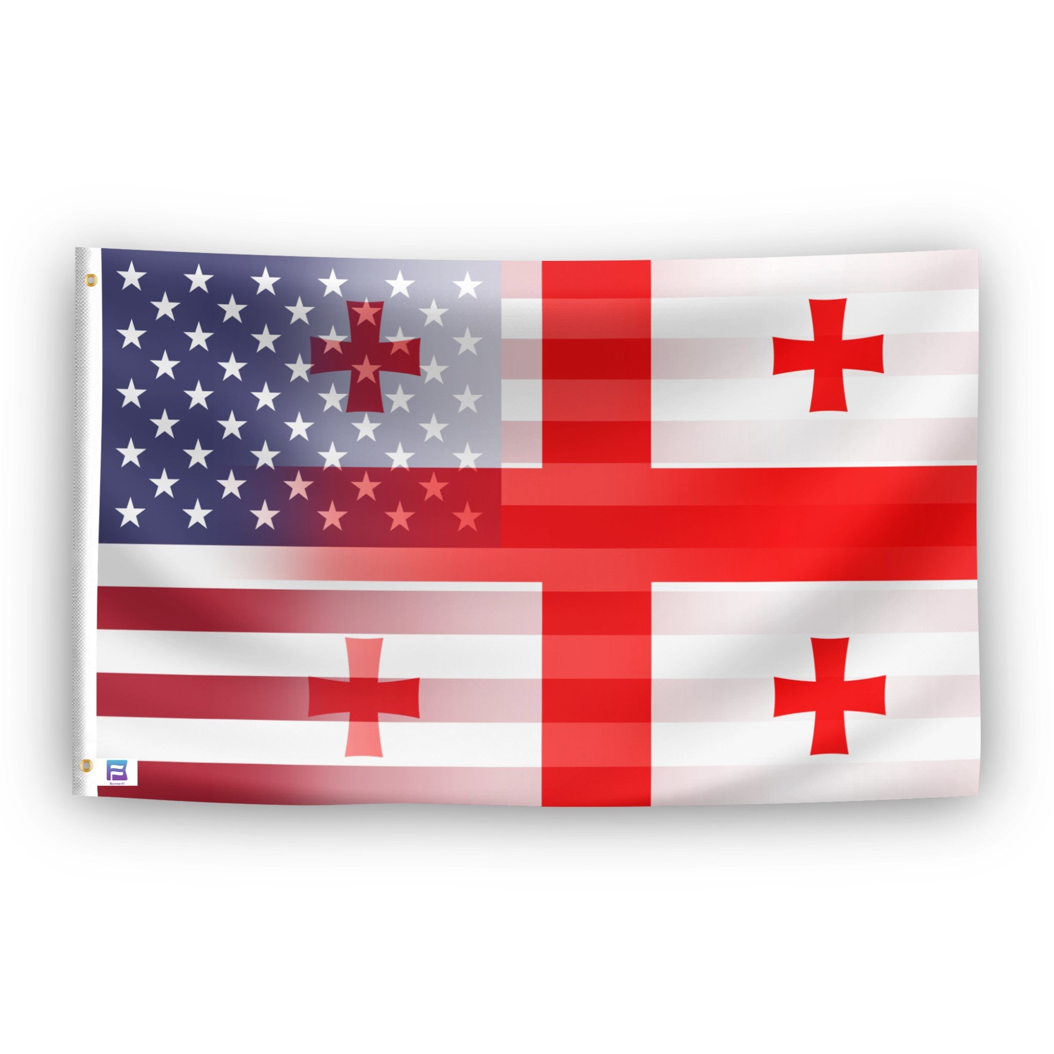 Flag with American and Georgian design elements blended together on a white background.