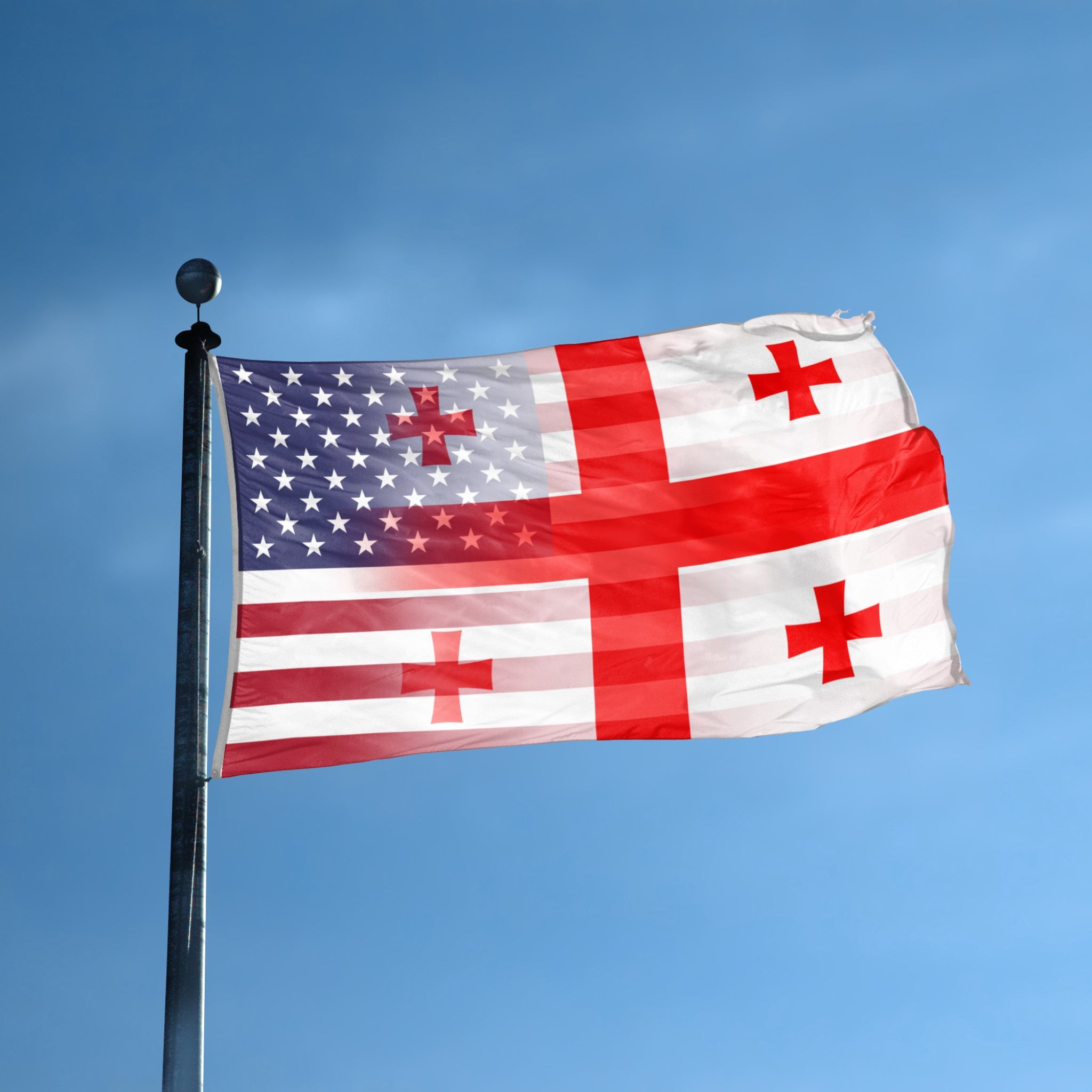 Flag with American and Georgian design on a flagpole against a blue sky.