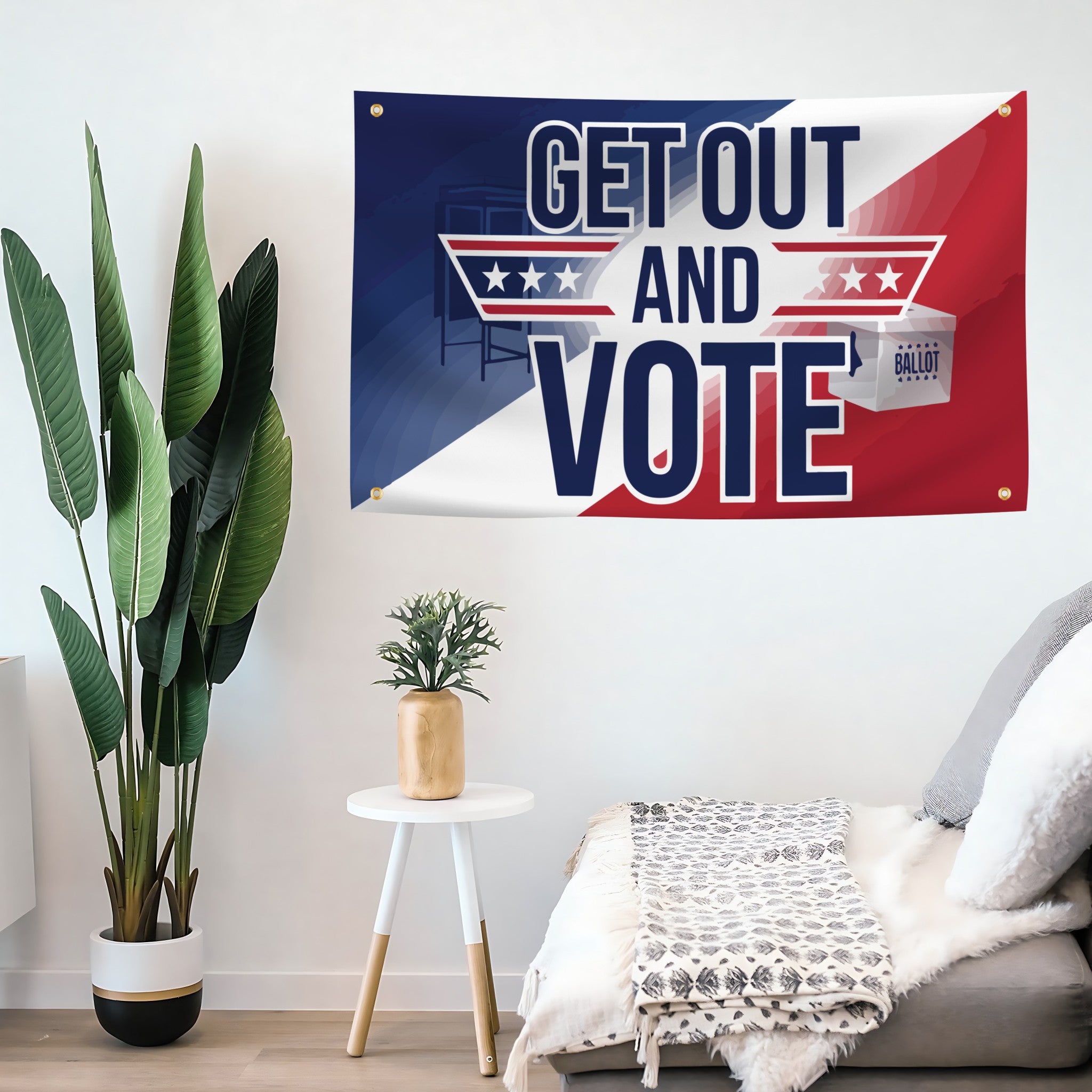 Decorative flag banner with 'Get Out and Vote' text in a living room setting.