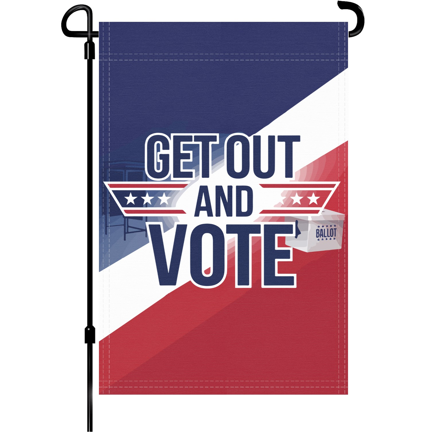 Get Out And Vote garden flag made of weatherproof polyester mounted on a garden flagpole | Bannerfi