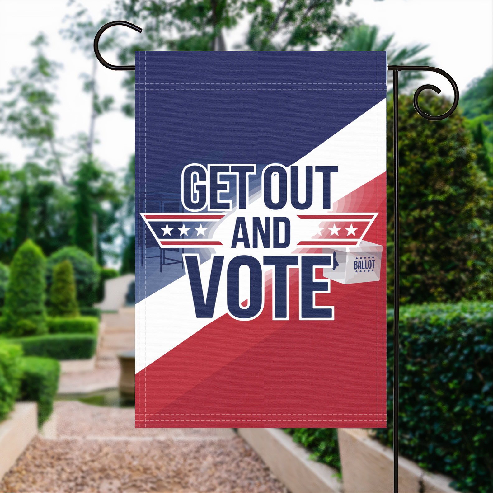 Get Out And Vote garden flag made of weatherproof polyester displayed in a garden | Bannerfi