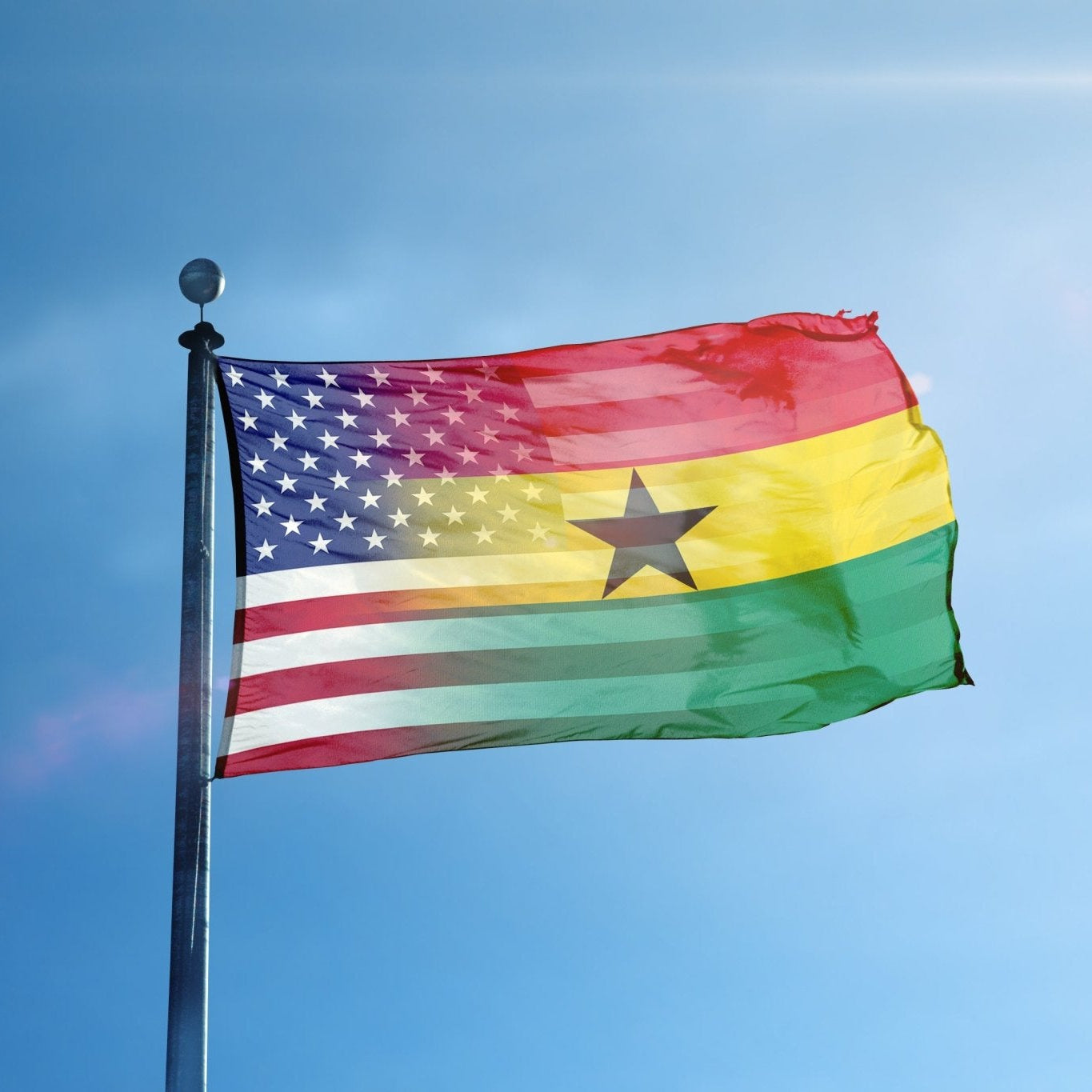 Ghanaian American Hybrid Flag on a flagpole against a blue sky - Flags by Bannerfi