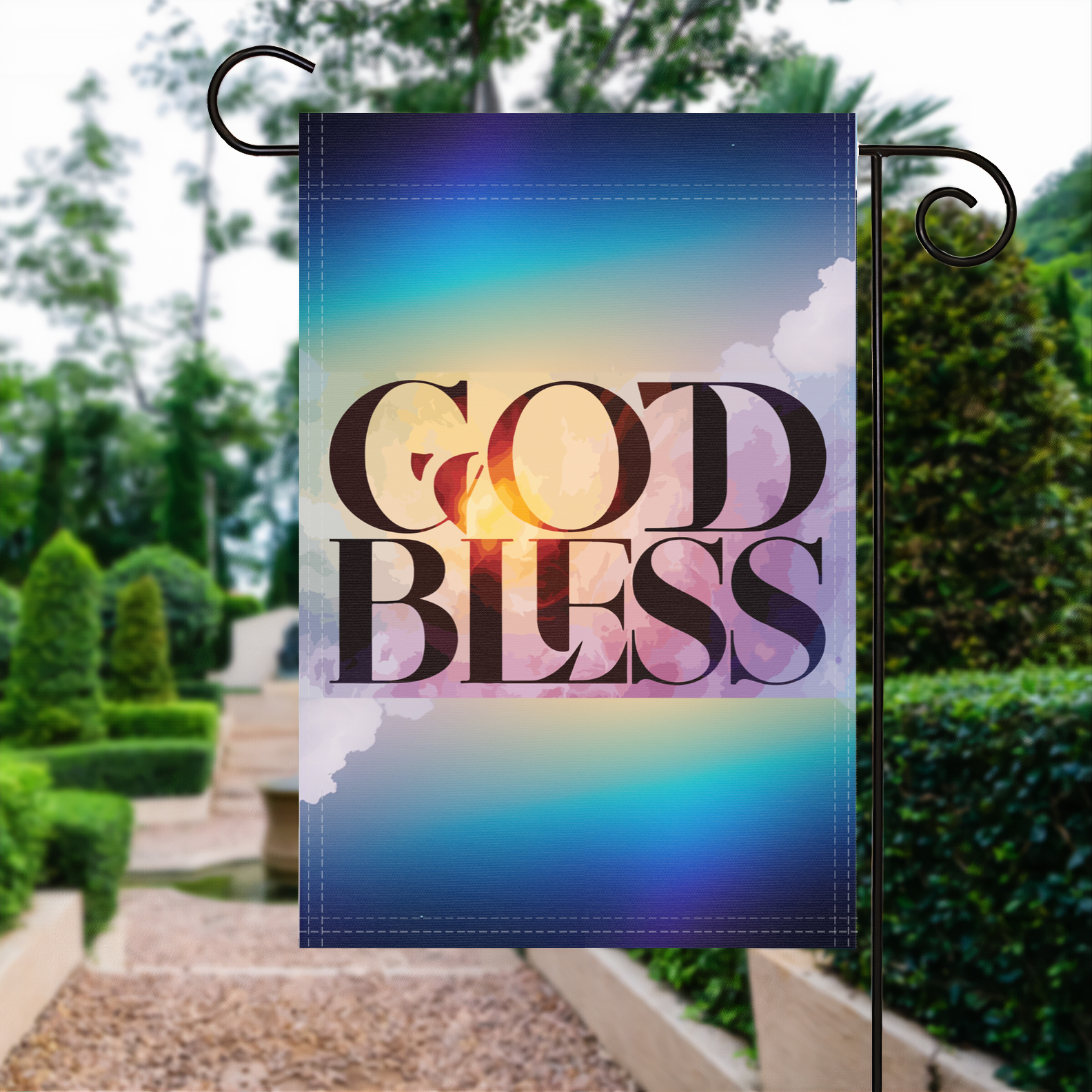 God Bless garden flag made of weatherproof polyester displayed in a garden | Bannerfi