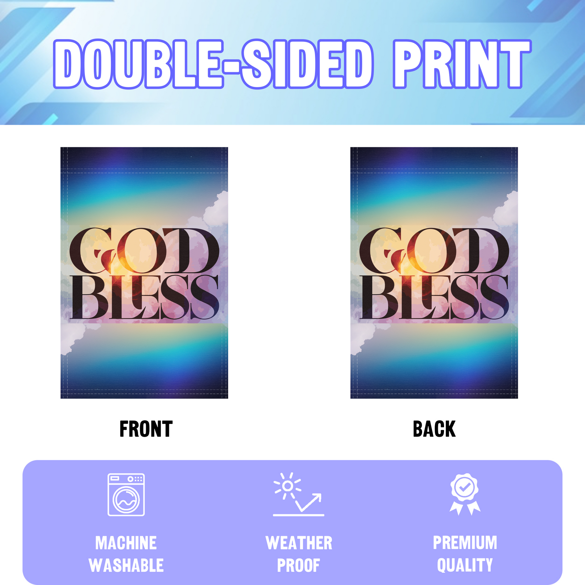 God Bless garden flag displayed in an infographic, showing the double sided print and high quality characteristics | Bannerfi