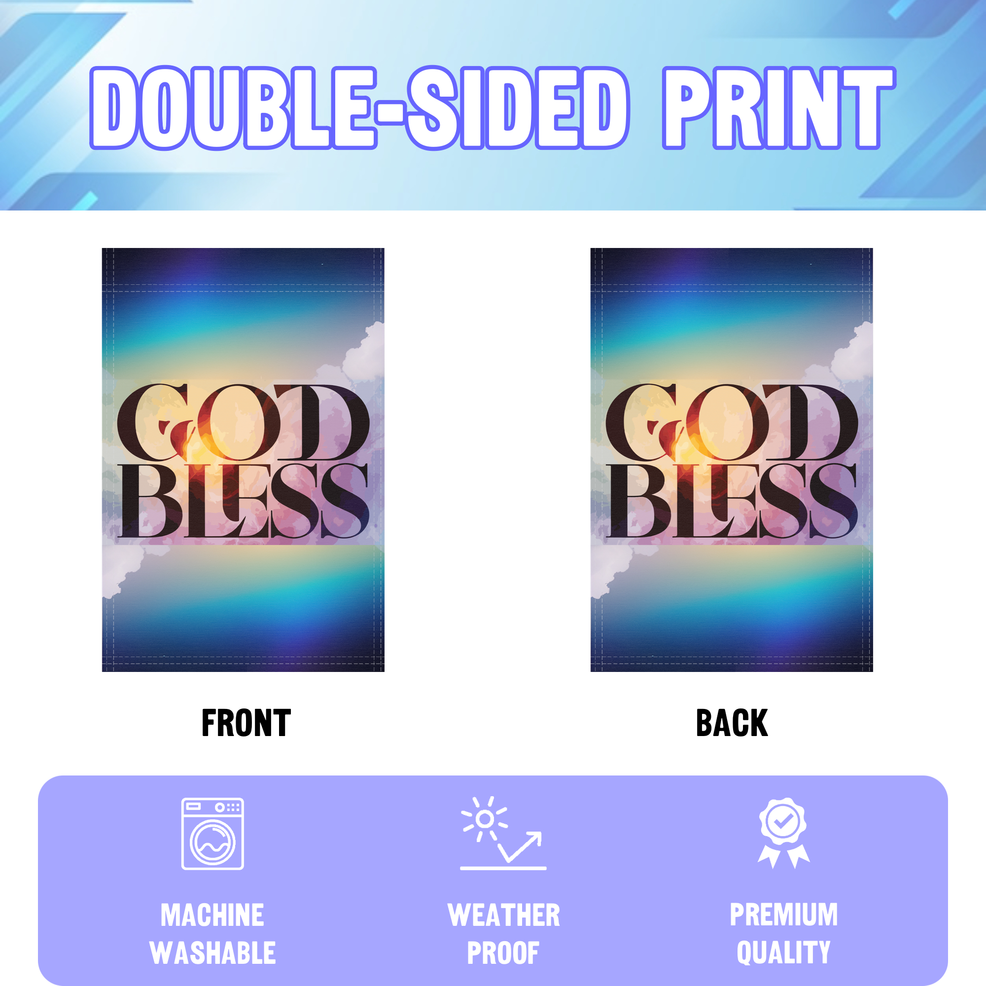 God Bless garden flag displayed in an infographic, showing the double sided print and high quality characteristics | Bannerfi
