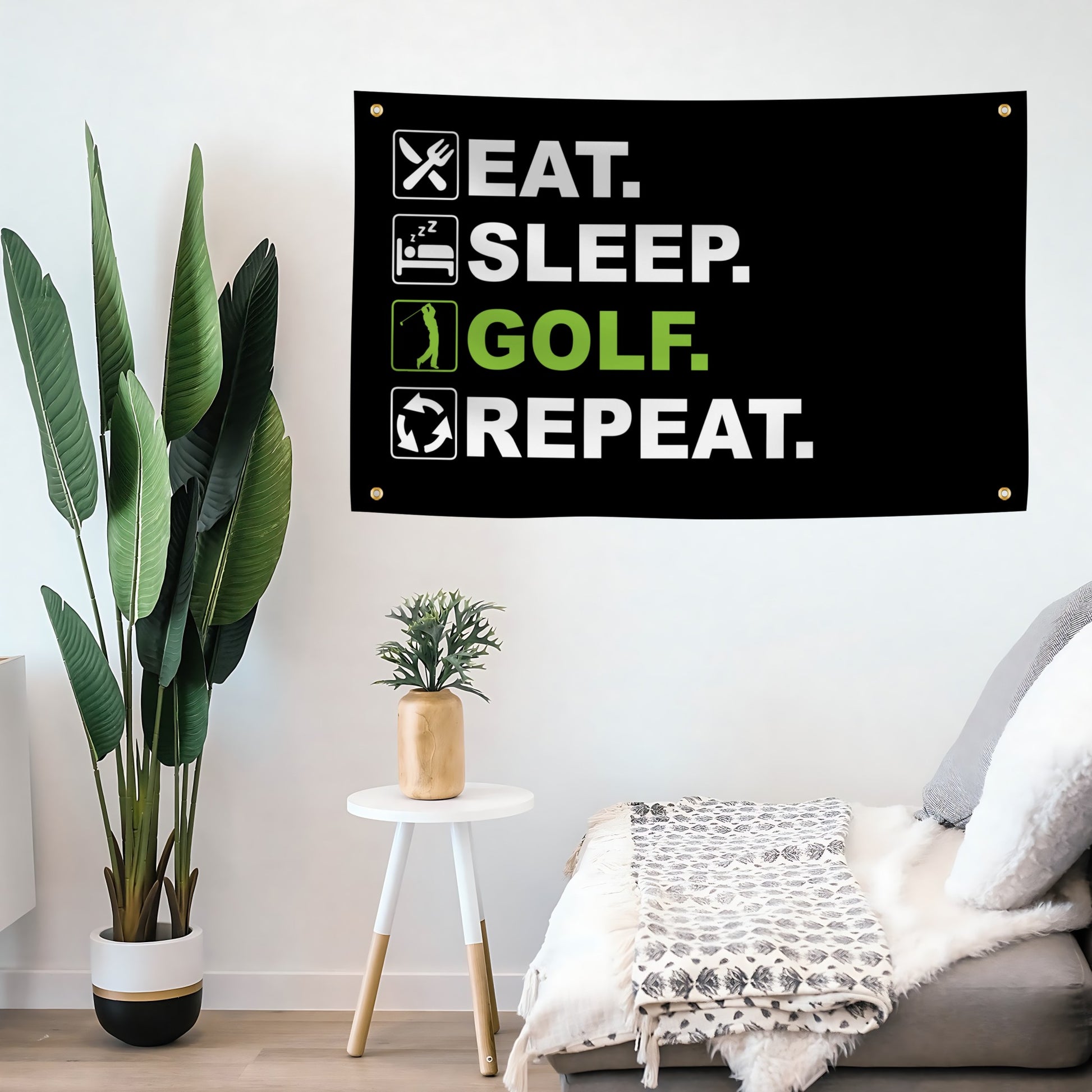 Wall flag banner with 'Eat. Sleep. Golf. Repeat.' text in a living room setting.