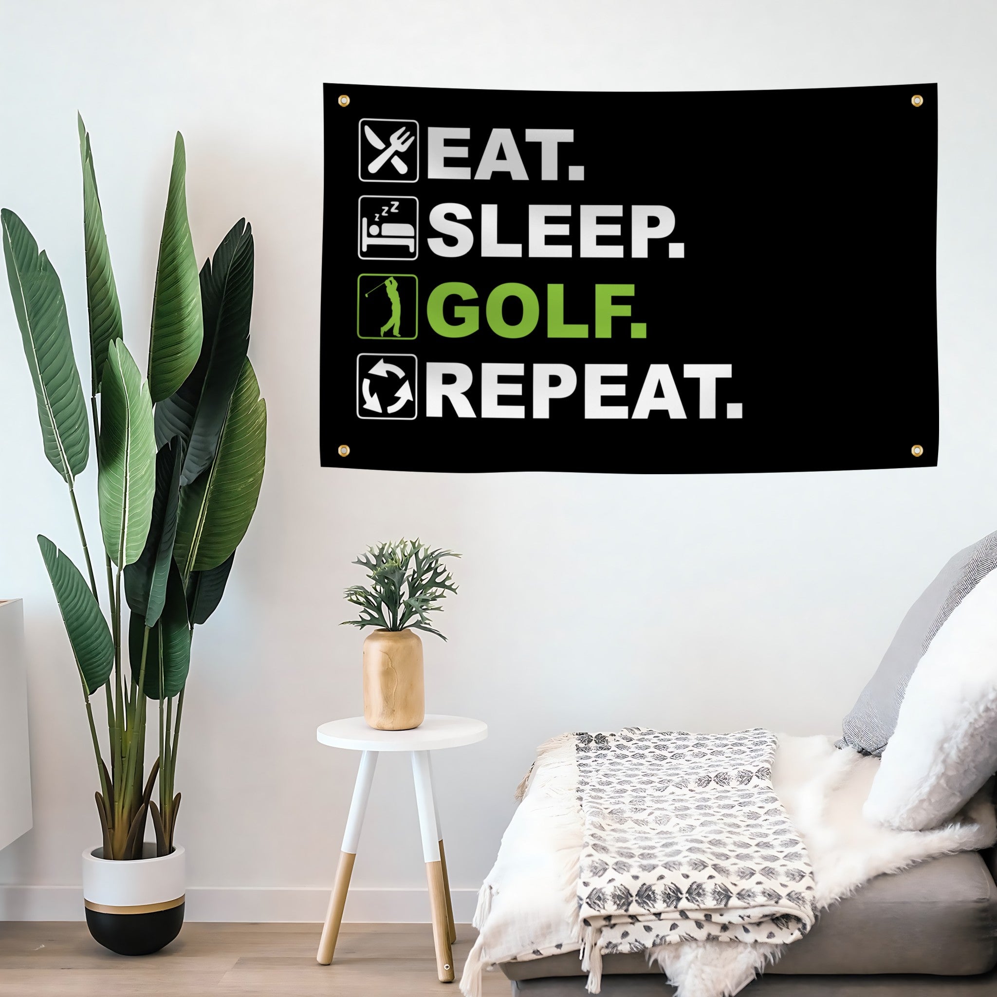 Wall flag banner with 'Eat. Sleep. Golf. Repeat.' text in a living room setting.