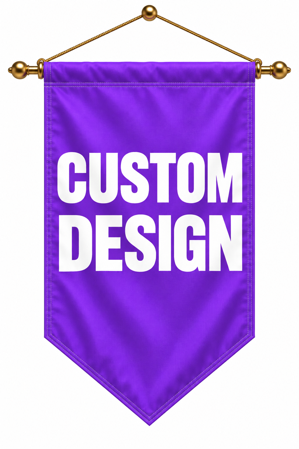 Custom gonfalon flag, purple with bold white CUSTOM DESIGN text, hung from gold rod and cord.