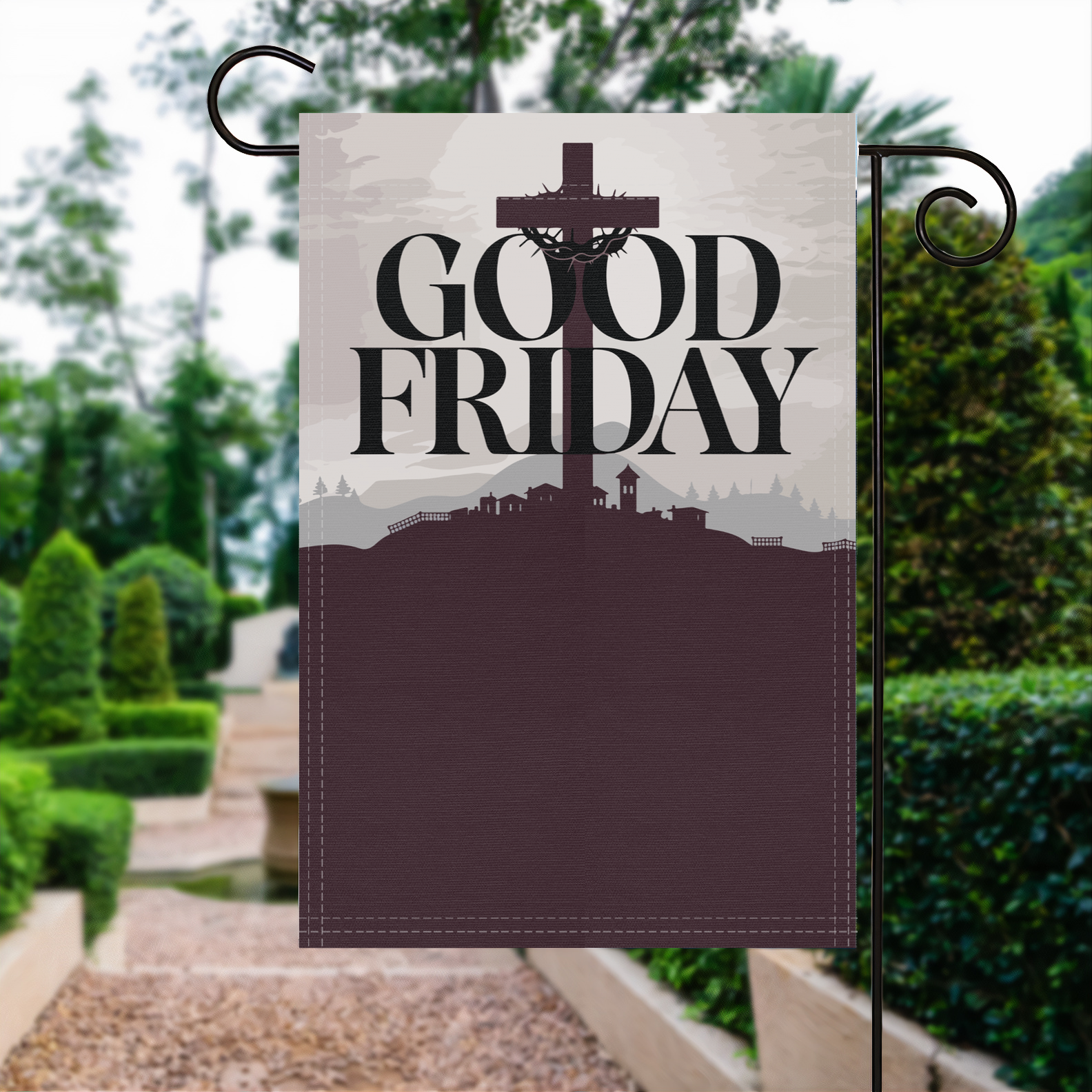 Good Friday garden flag made of weatherproof polyester displayed in a garden | Bannerfi