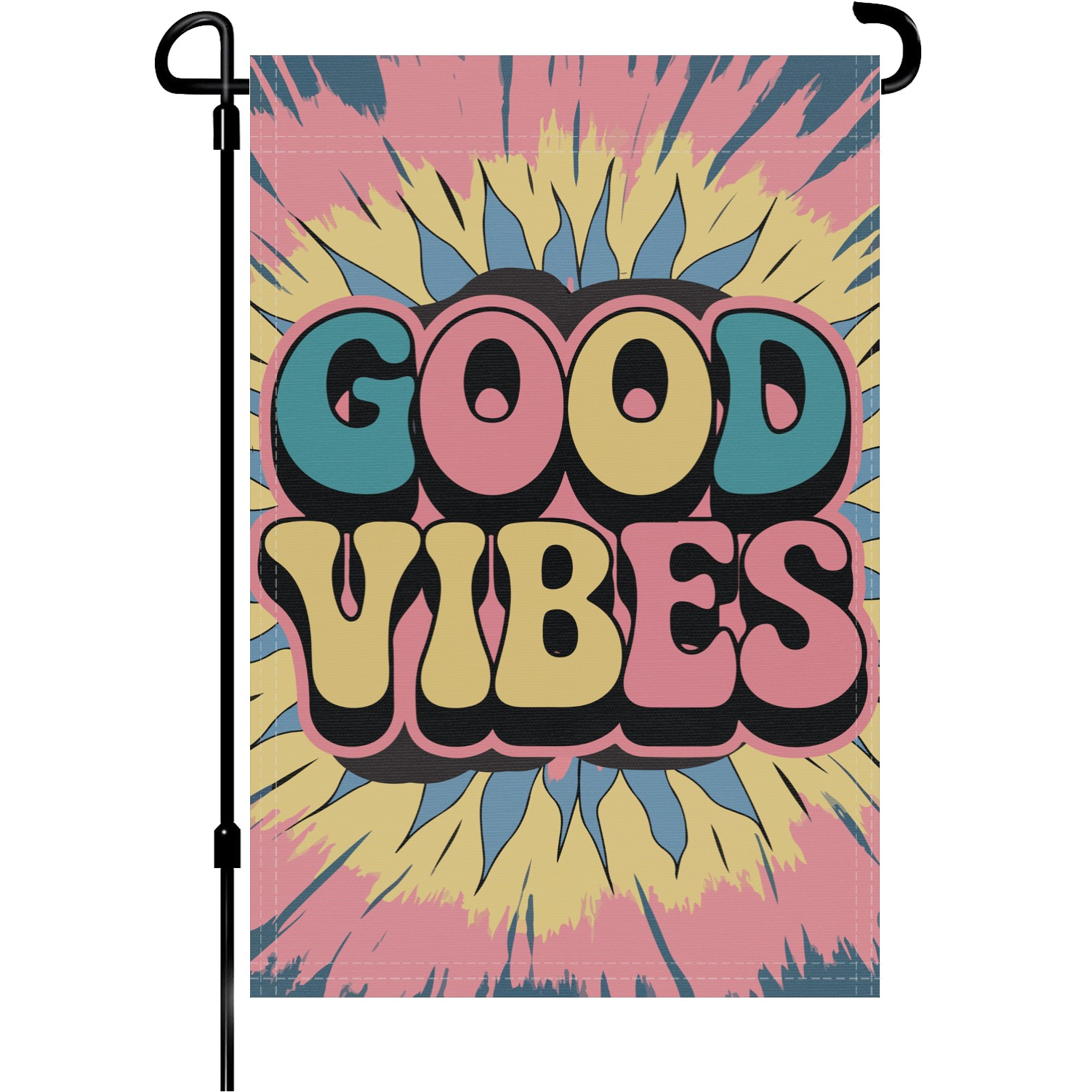 Good Vibes Tie-Dye garden flag made of weatherproof polyester mounted on a garden flagpole | Bannerfi
