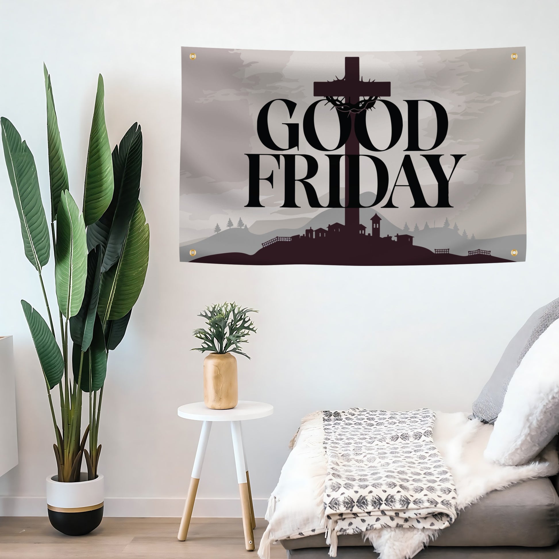 Flag banner with "Good Friday" text hanging on a living room wall. 