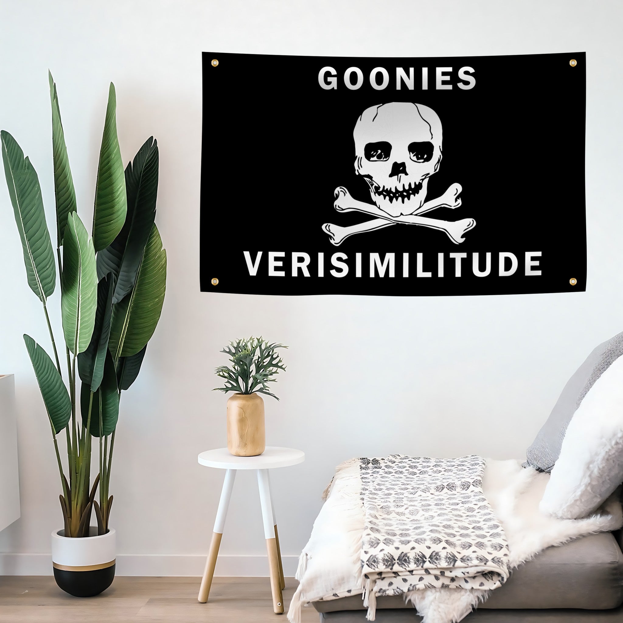 Goonies Verisimilitude Flag banner mounted on a wall - Bannerfi